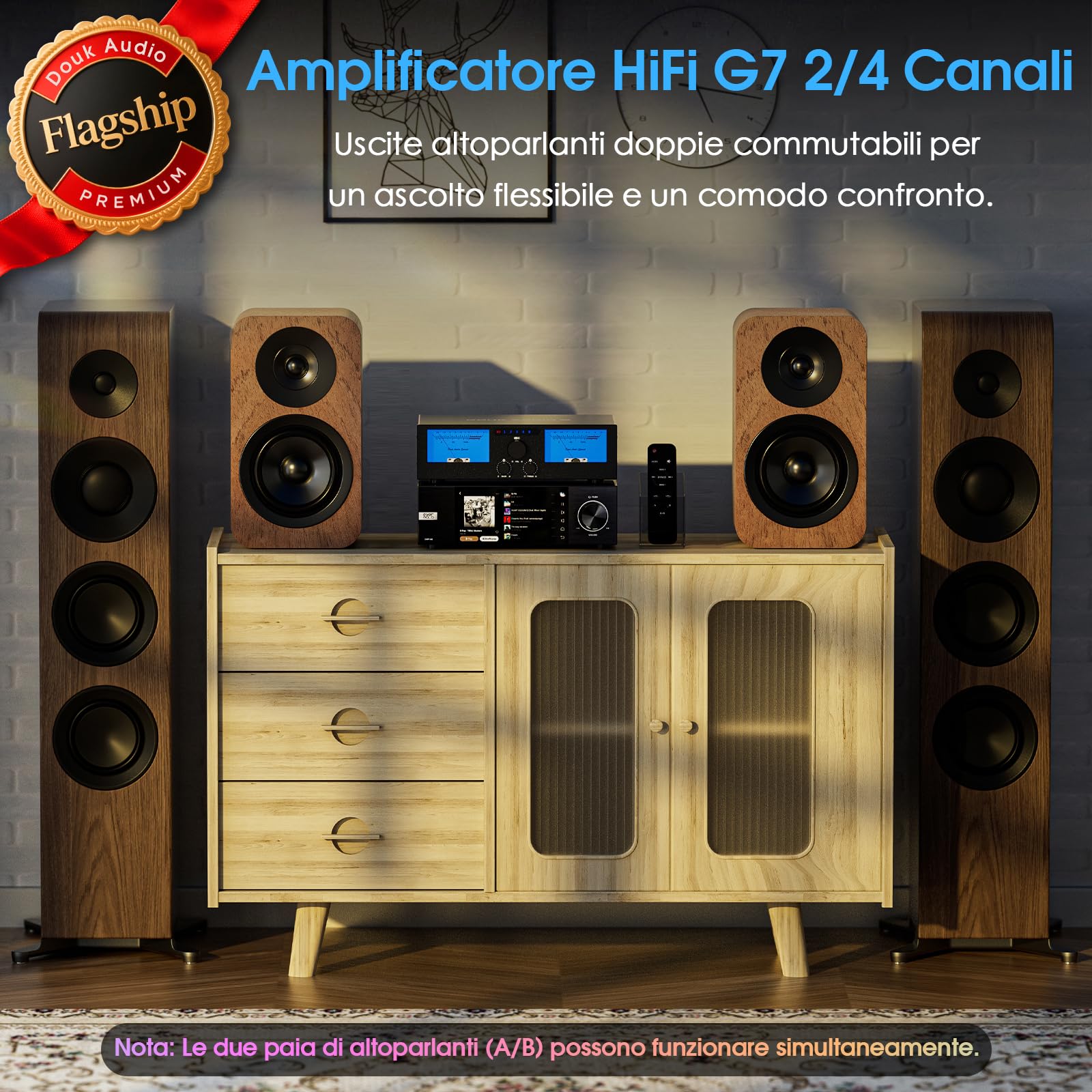 DoukAudio 600W Amplificatore a 2/4 canali: selettore altoparlanti 3-IN-2-OUT | Amplificatore digitale per DMP-A6 con doppio TPA3255 | Ingressi XLR RCA bilanciati | Bypass del tono | VU Meters |