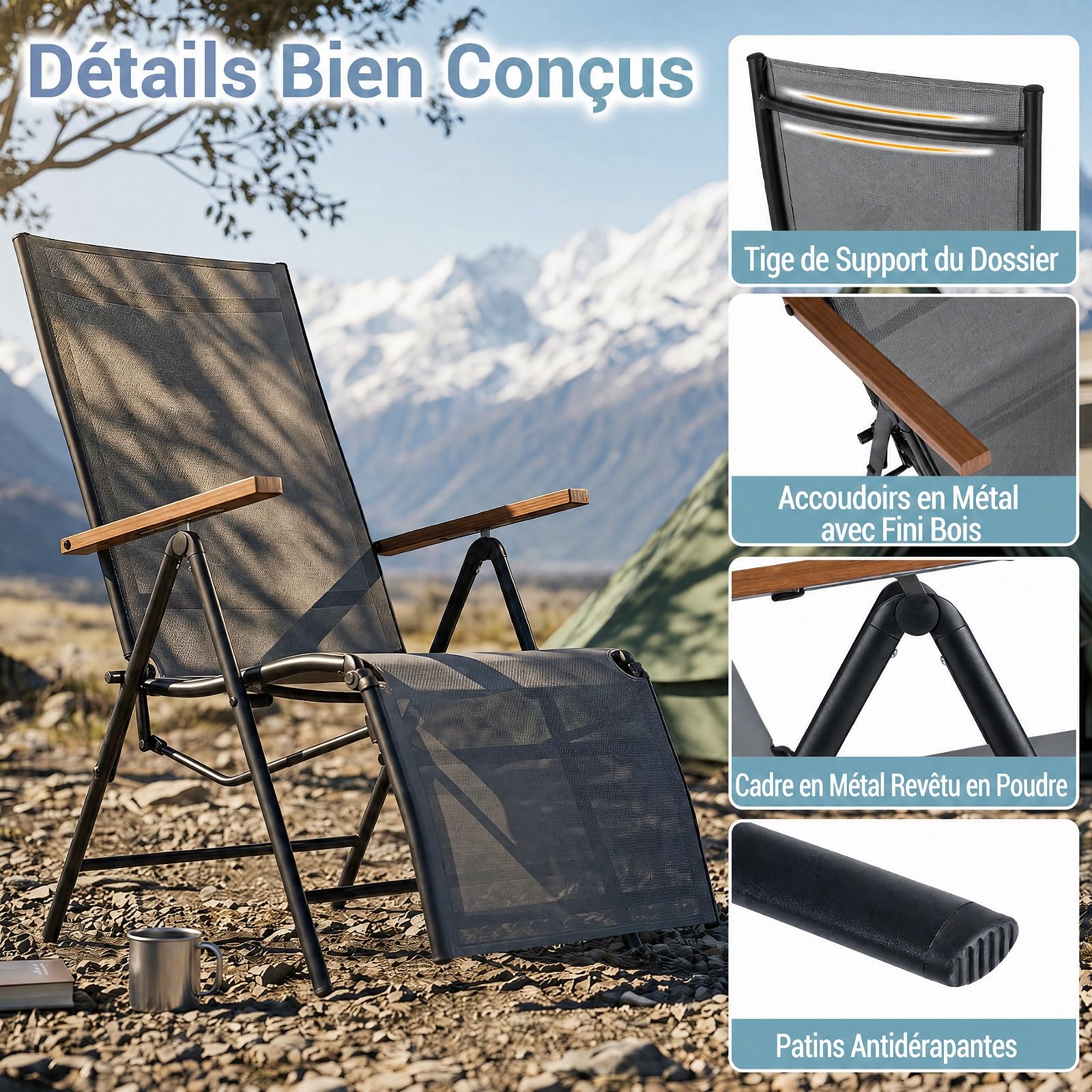 COSTWAY Chaise Longue Jardin Pliante, Dossier Réglable en 6 Positions, Gris