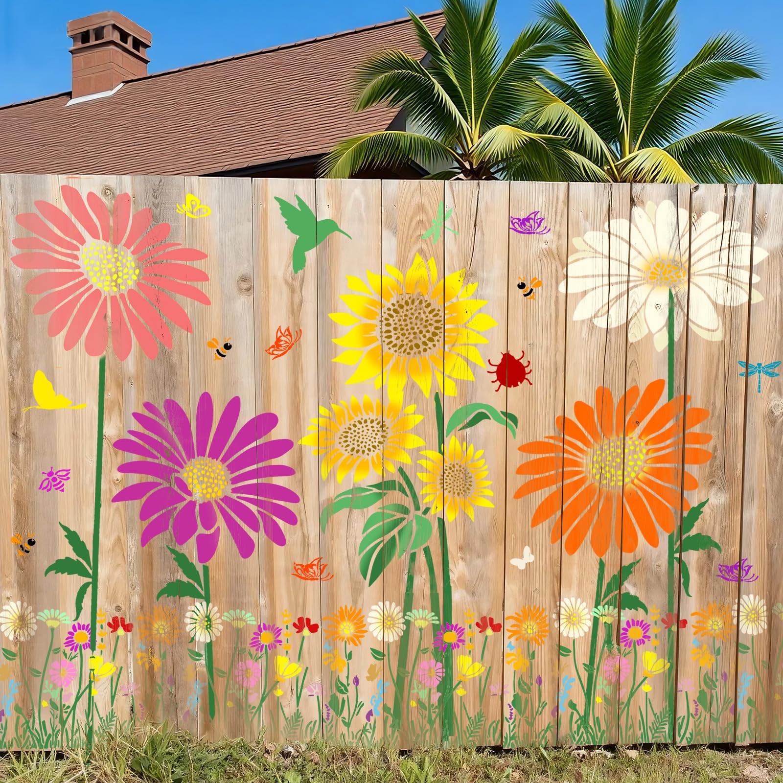 View 1 of 12Pcs Large Sunflower Flower Stencils for Painting on Wood Fence, 14 Inch Reusable Fence Stencil, Sunflower Floral Stencils on Wall Wood Floor Canvas Paper Furniture Fabric