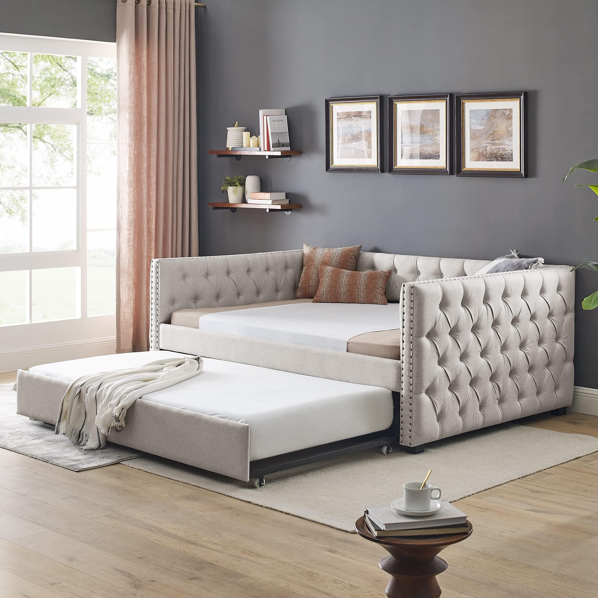 Upholstered Full Size Daybed with Trundle Twin,Solid Wooden Sofa Bed Frame W/Button Tufted & Copper Nail on Square Arms,No Spring Box Need,Bedframe for Living Room Bedroom Dorm,Beige Linen