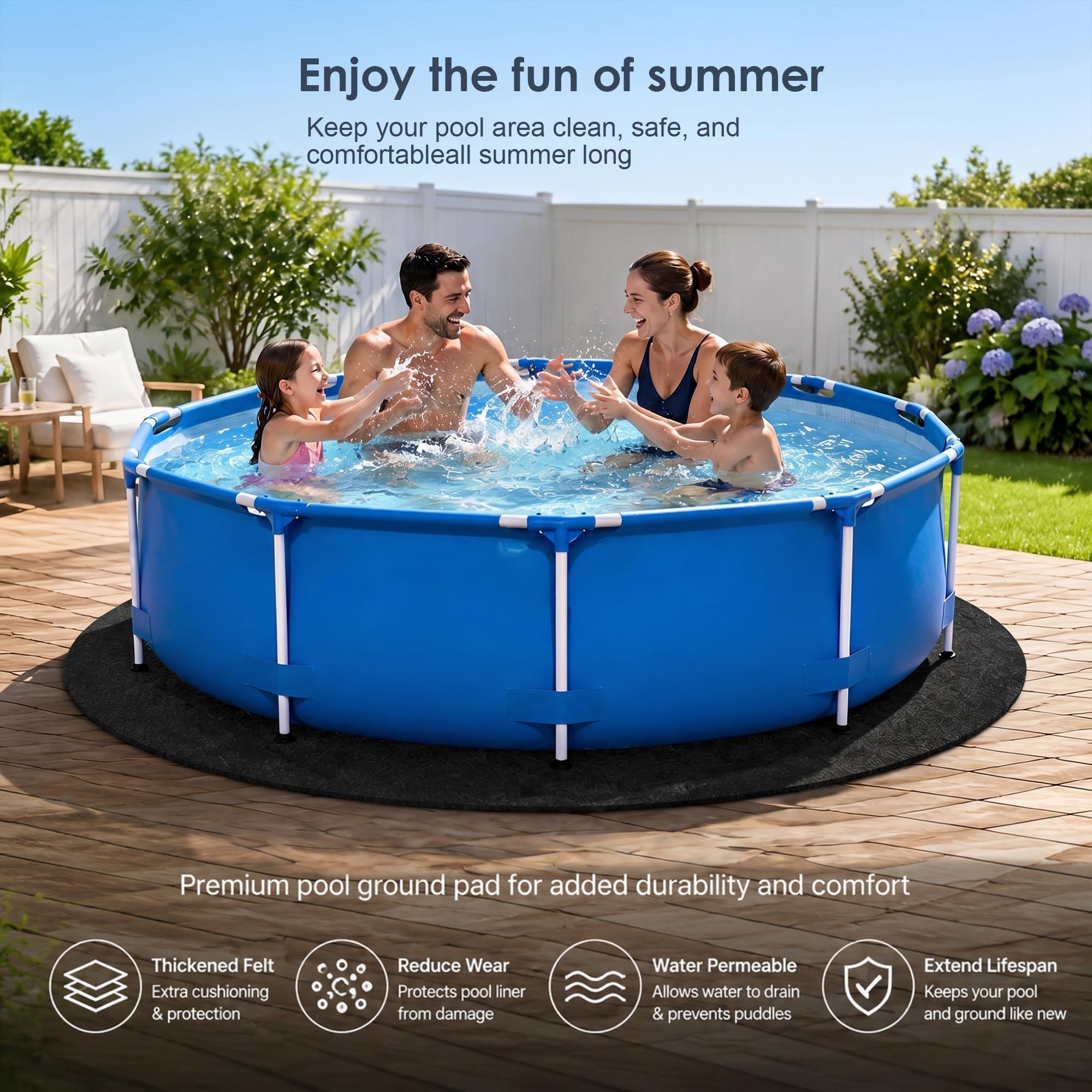 Tapis de piscine rond de 370 cm - Tapis de sol rond d'extérieur pour piscines, tapis de protection de sol indéchirable pour piscines hors-sol et jacuzzi, prolonge la durée de vie de la doublure