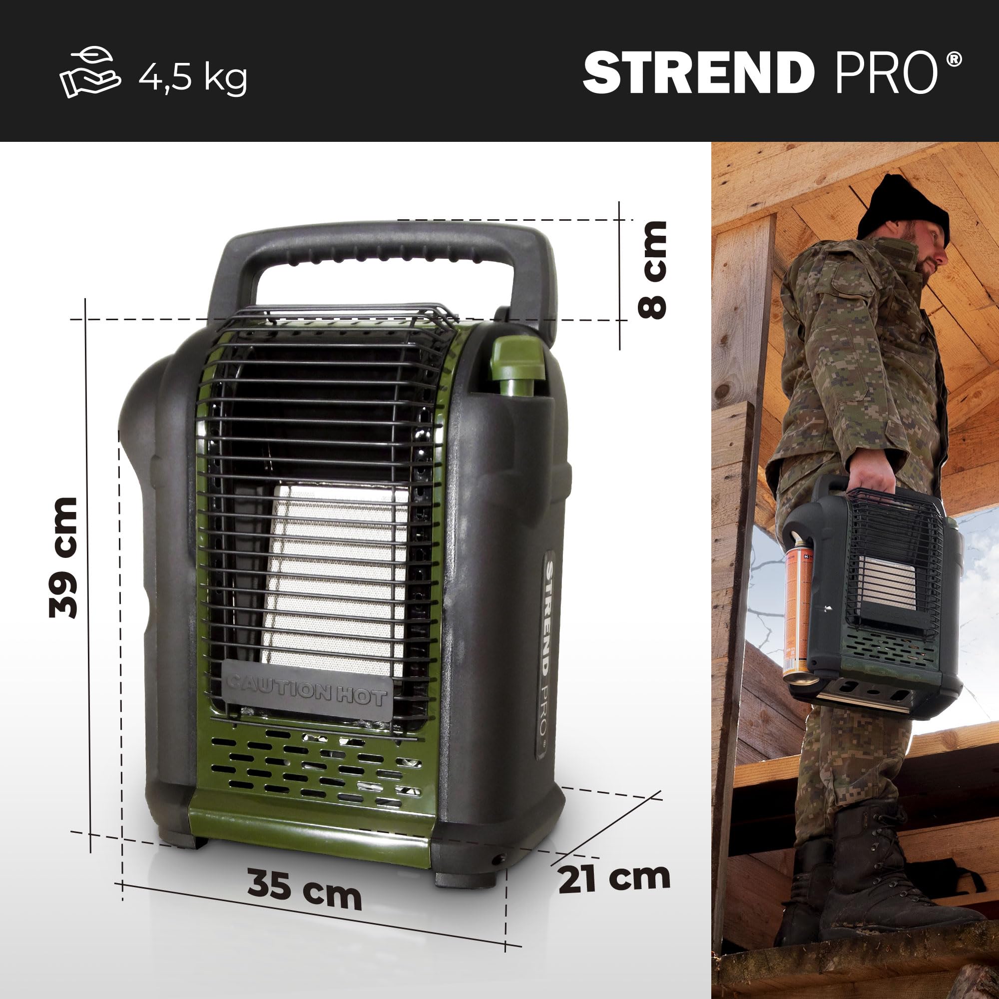 STREND PRO Zeltheizung Gas 2kW | mit 1 Campinggaskartuschen | Tragbare Campinggasheizung für Innenräume, Zelt, Camping, Angeln, Jagen, Mini Gasheizung mit Sauerstoffsensor | Mobiler