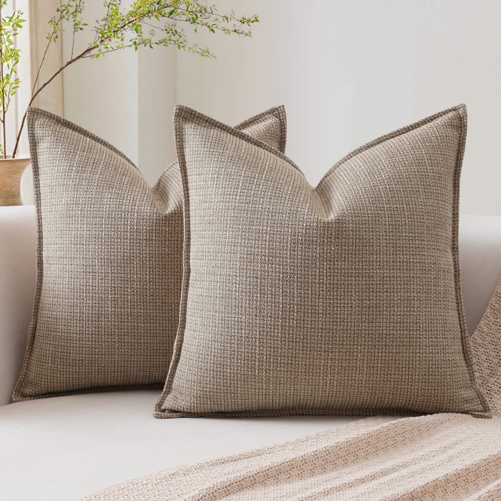 Artscope Pack of 2 Light Coffee Decorative Cushion Covers 20x20 Inch Linen Texture Couch Throw Pillows Farmhouse Pillow Covers with Elegant Design for Sofa Bedroom Living Room Home Decor 50 x 50 CM