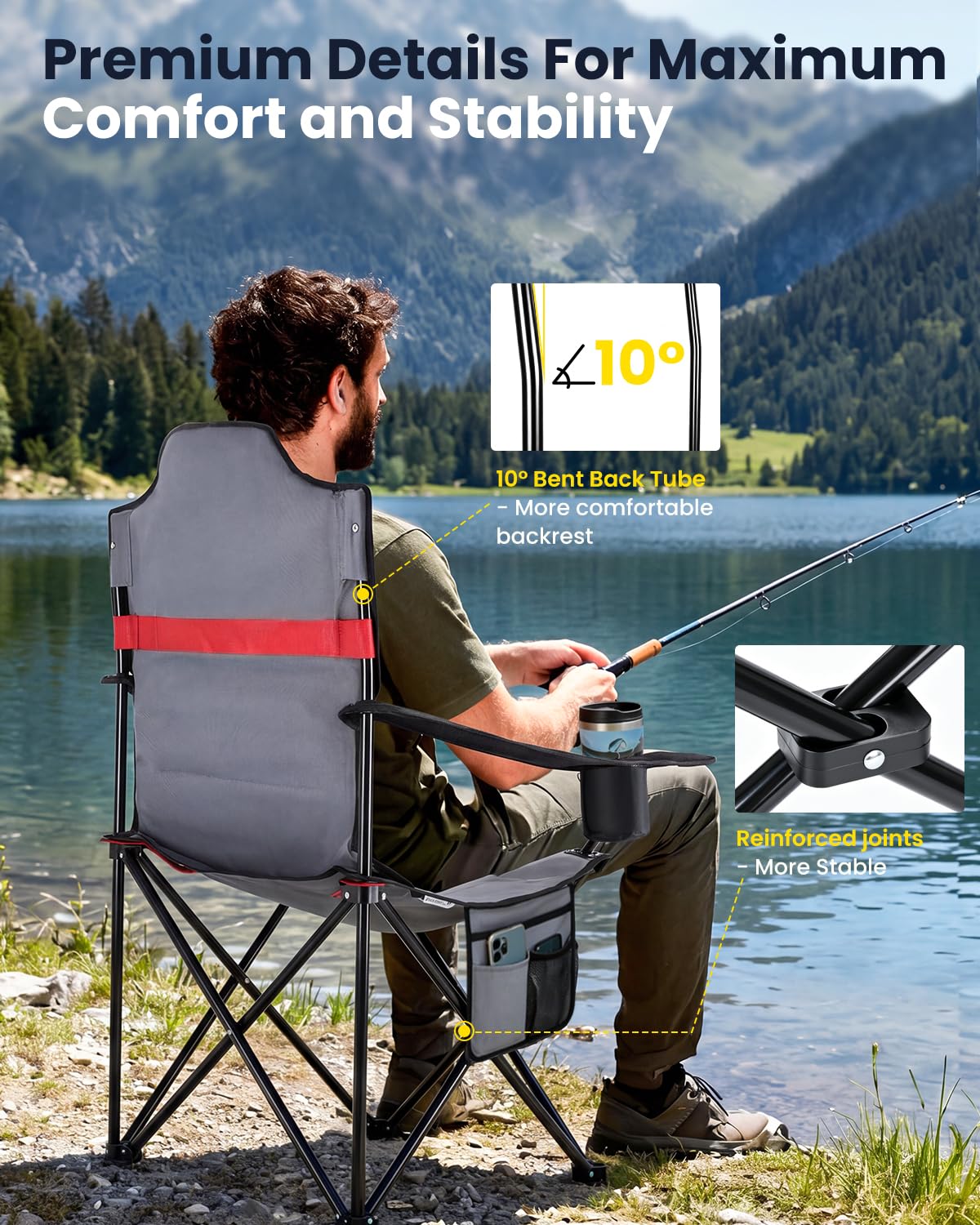 YEAUPE PRO Silla de Camping Plegable y Acolchada,Respaldo Alto,hasta 150 kg | Sillas de Pesca Extra Cómoda, con Bolsa Térmica, Portavasos y Bolsa de Transporte, para Camping, Playa, Festivales