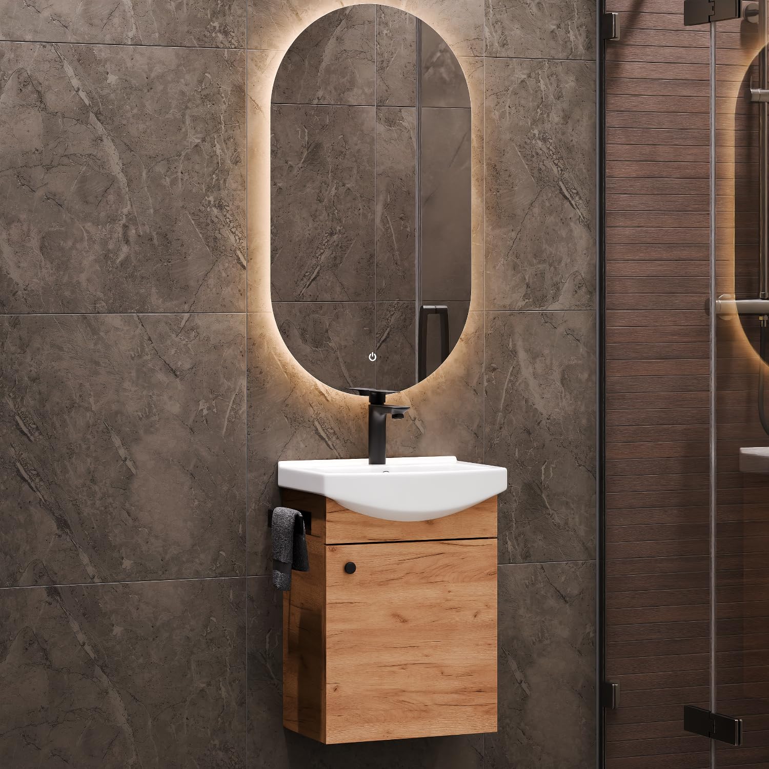 Planetmöbel Badmöbel Set Waschtisch mit Unterschrank 45 x 60 x 33 cm, Spiegel mit Beleuchtung 50 x 90 cm für Badezimmer, Gäste WC & Bad, Gold Eiche