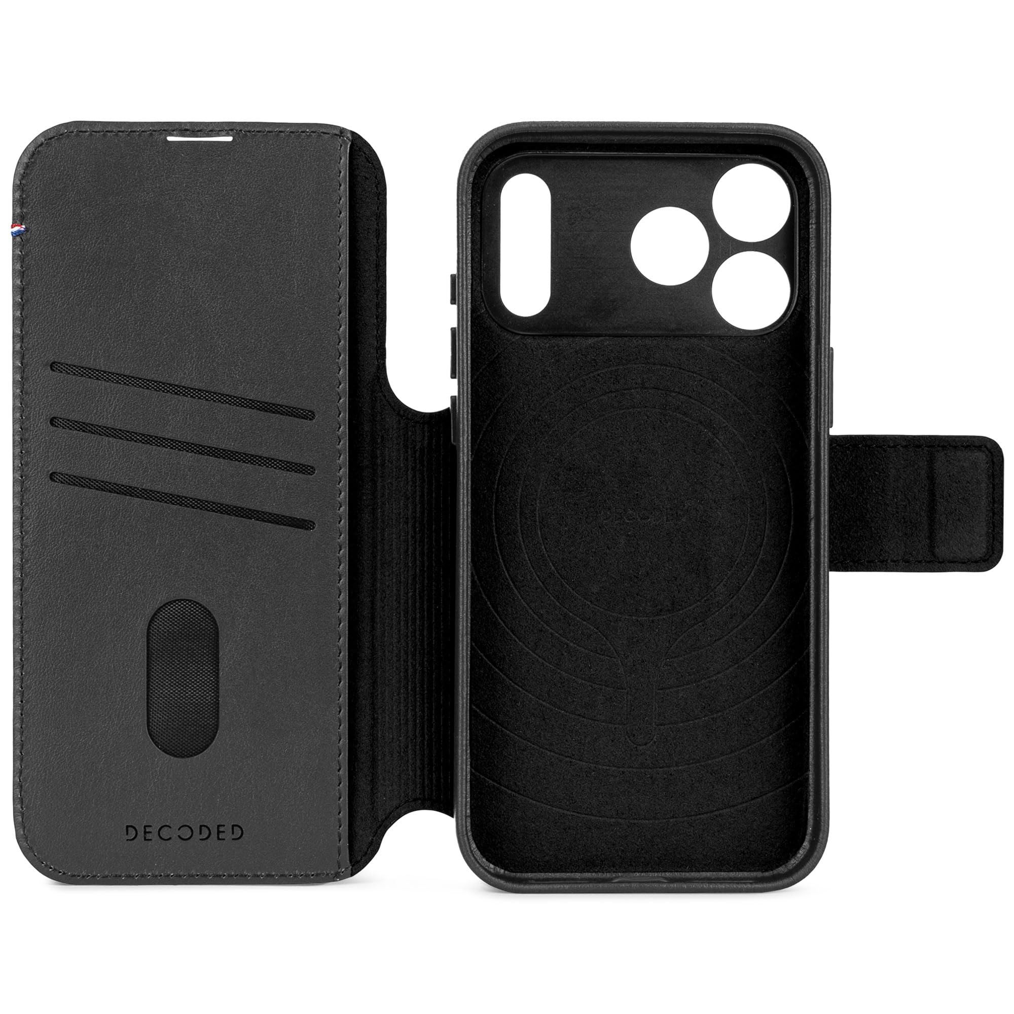 DECODED 2 w 1, skórzane etui do iPhone'a 17 Pro Max, zdejmowany portfel, wysokiej jakości skóra ECCO, kompatybilne z Magsafe, ochrona przed upadkiem, odporne na zarysowania, metalowe guziki, czarne