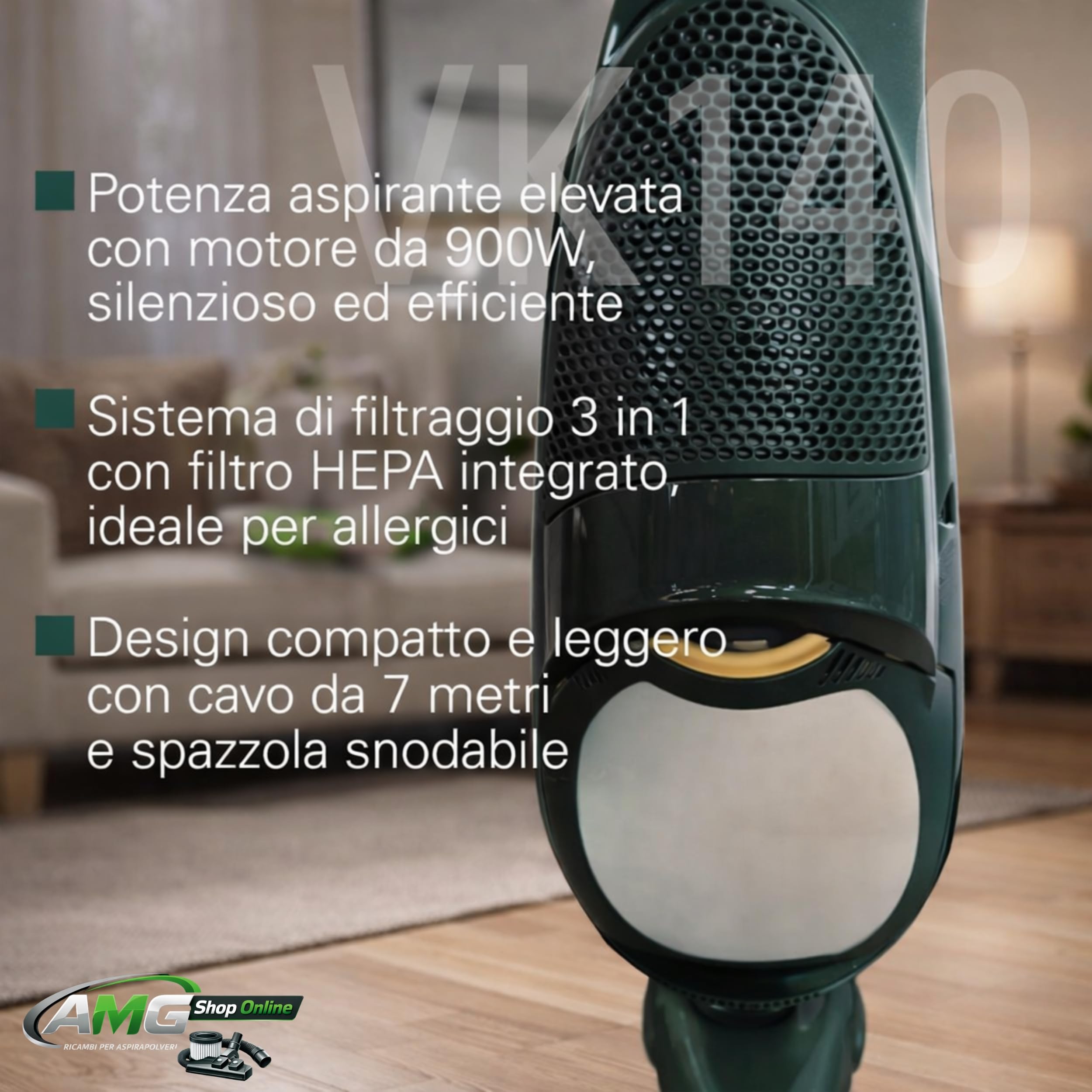 Aspirapolvere VK140 FOLLETTO + Spazzola HD40 + 6 Sacchetti, Sacco 2,5L, Filtri e Profumini Inclusi, Motore Originale, 74 dBA, 3 kg, Garanzia 2 Anni