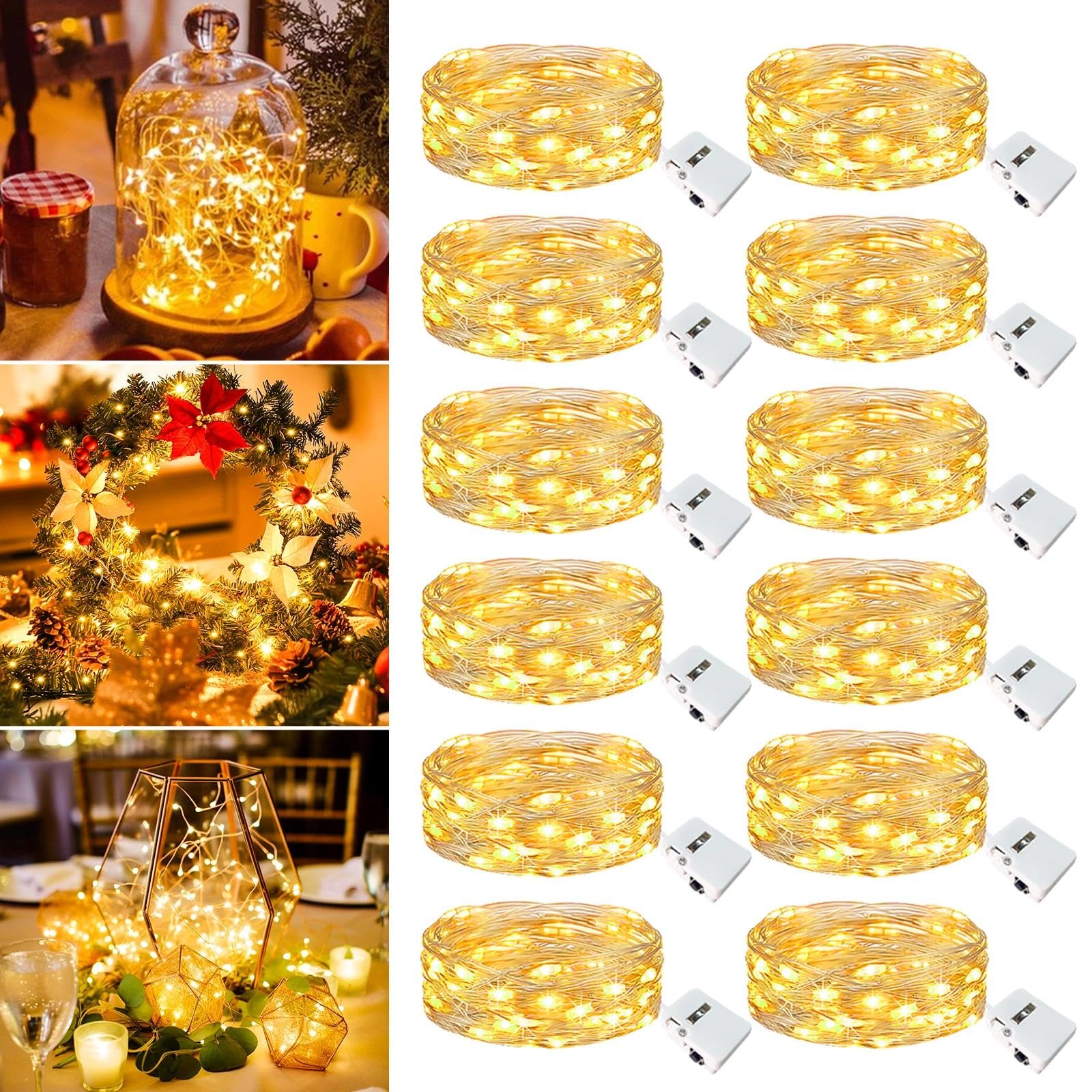 Lichterkette batteriebetrieben – 2,1 m, 20 LEDs, 3 Modi, Mini-Lichterkette, wasserdicht, für Einmachgläser, Vasen, DIY, Party, Hochzeit, Dekoration, Weihnachten, Warmweiß, 12 Stück