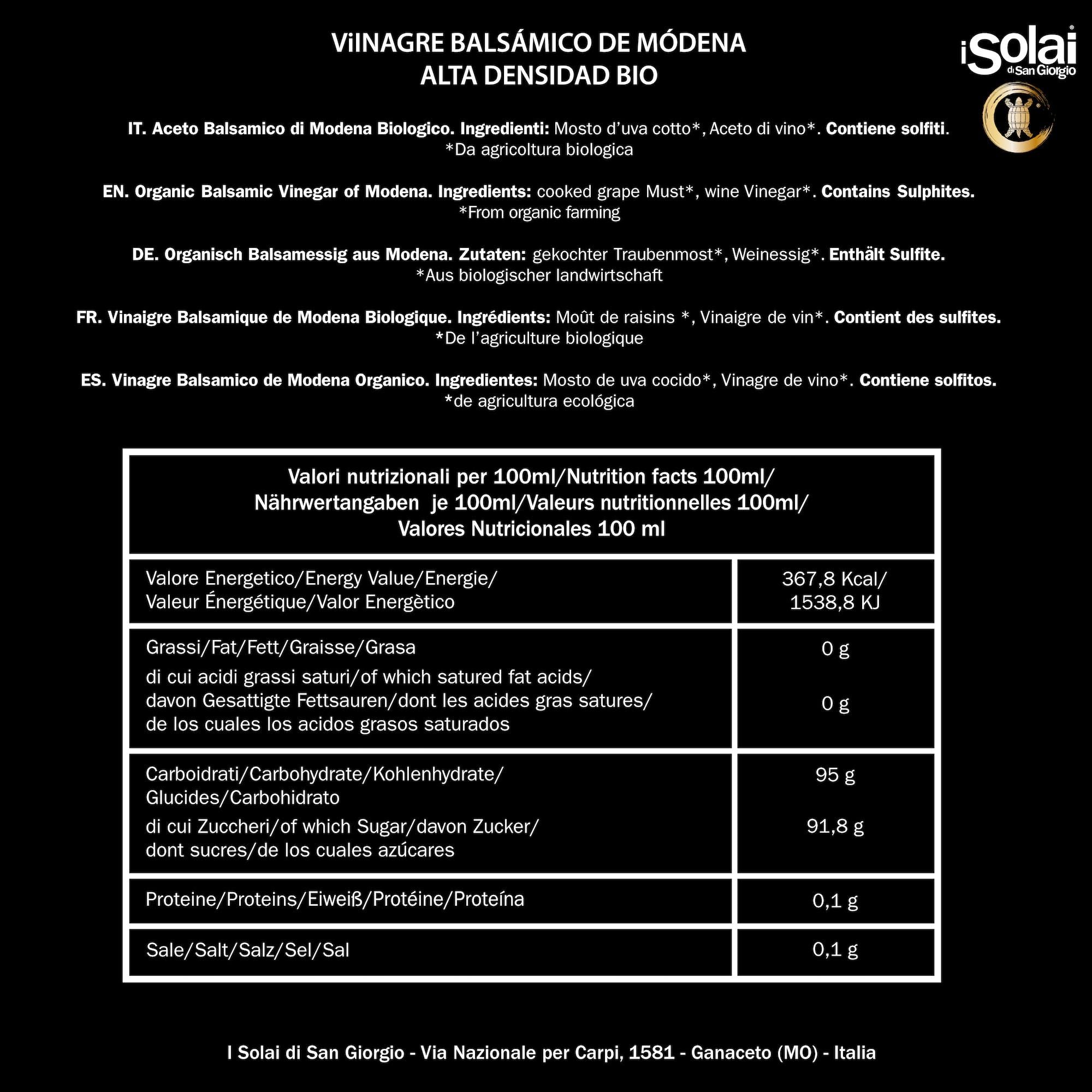 I Solai Di San Giorgio, Vinagre Balsámico de Módena I.G.P. Biológico, de Alta Densidad, Elaborado con Uvas 100% Italianas Ecológicas, Ideal para Acompañar Carnes Rojas, Quesos, 250 ml.