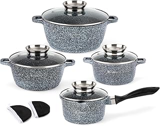 Sponsored You’re seeing this ad based on the product’s relevance to your search query.Learn more about this advertisement EliteHoff Induction Saucepan Set with Saucepan 9-Piece Cookware Set 16/16/20/24 cm, Cooking Pot with Lid, Aluminium Pot, Non-Stick Cookware for All Types of Cookers, Dishwasher Safe, PFOA-Free (Grey)