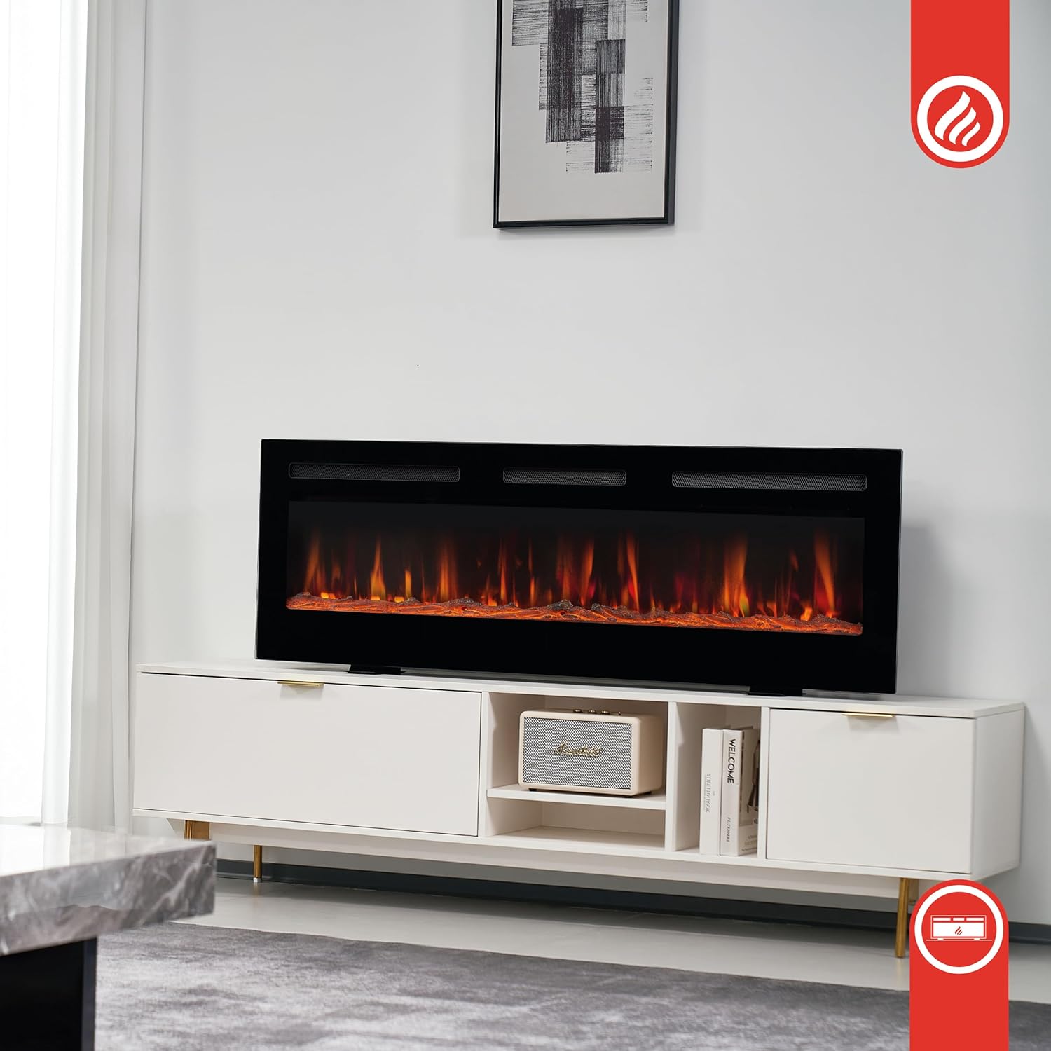 KAMINIO MARLON electric fireplace placed on a white media console in a living room