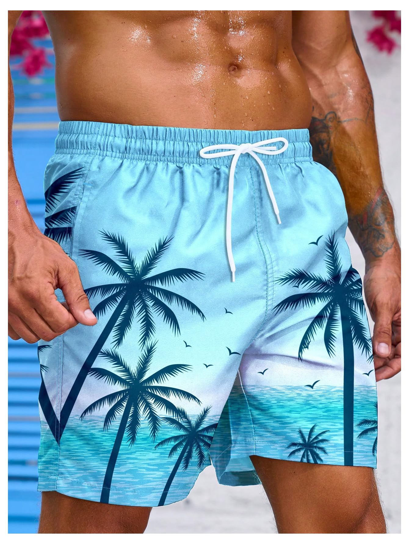 Floerns Men's Tropical Print Drawstring Swim Trunks Wide Leg Quick Dry Board Shorts with Pocket Light Blue Small