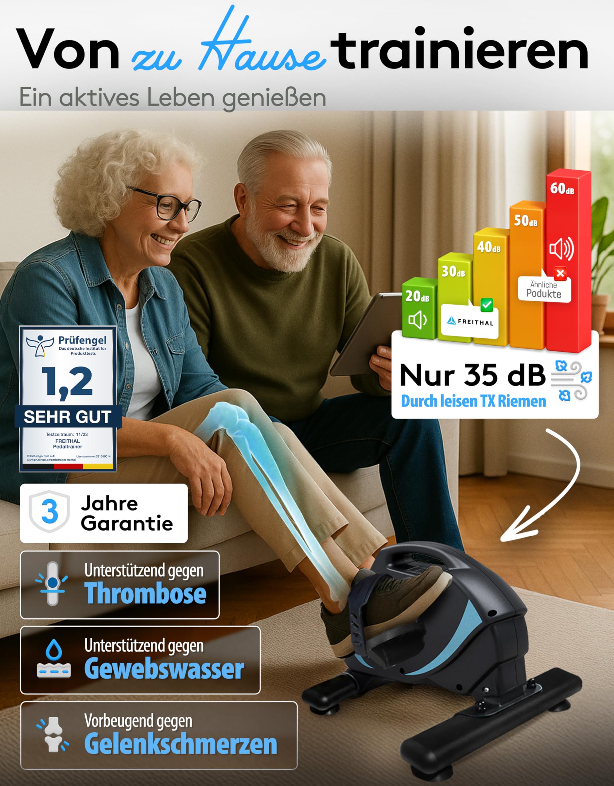 Pedaltrainer für Senioren TESTSIEGER - Beintrainer im Sitzen mit Wirbelstrombremse - Inkl. Anti-Rutsch-Matte & Trainingsbuch