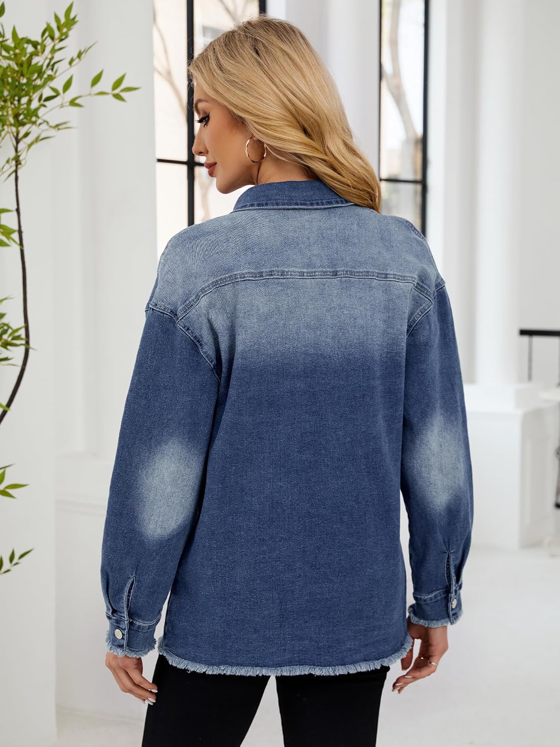 Womens Oversized Button Down Frayed Hem Denim Shacket Casual Long Sleeve Jean Jackets 2026 Spring Outfits - Image 5