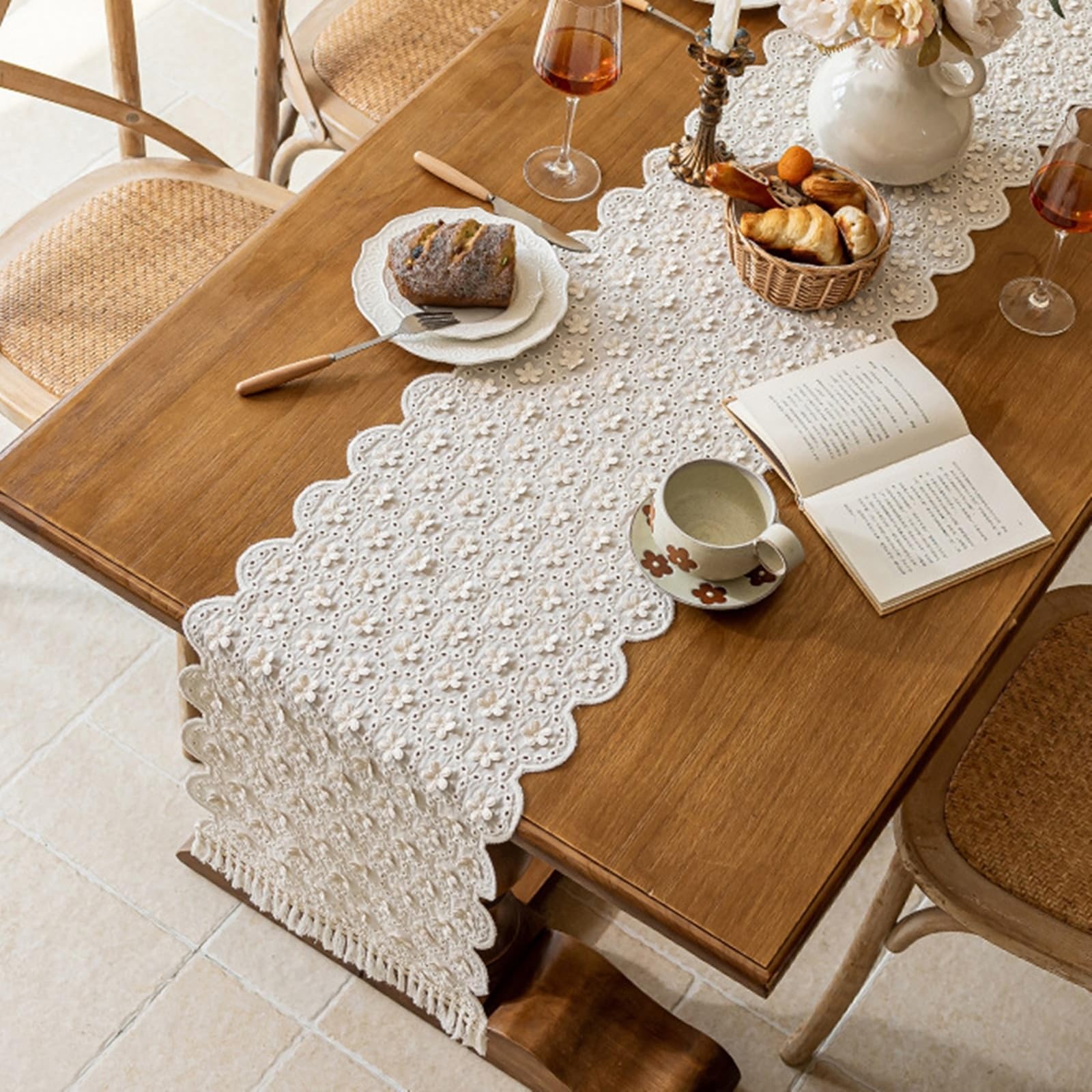 Bieżnik na stół 33 x 300 cm, puste koło 3D wzór kwiatowy z frędzlami, bieżniki z bawełny, bieżniki na stół, bieżnik do domu, restauracji, hoteli, dekoracja stołu, beżowo-biały
