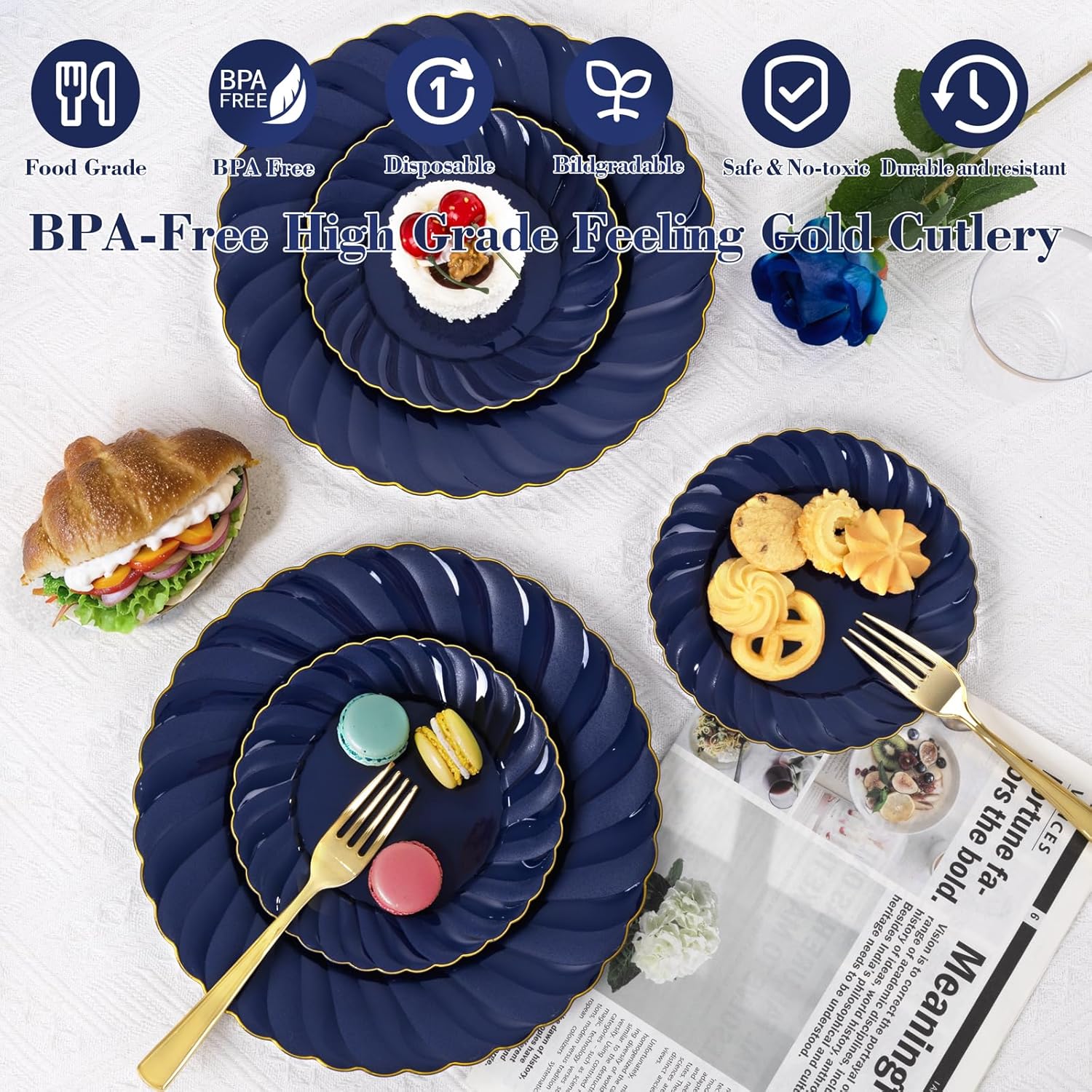 YOUBET 100 Pack Blue Scalloped Plastic Plates - 6.5 Inch Navy Blue Disposable Plates - High End Elegant Vintage Dessert Plate for Party & Weeding & Birthday Hanukkah - Image 5