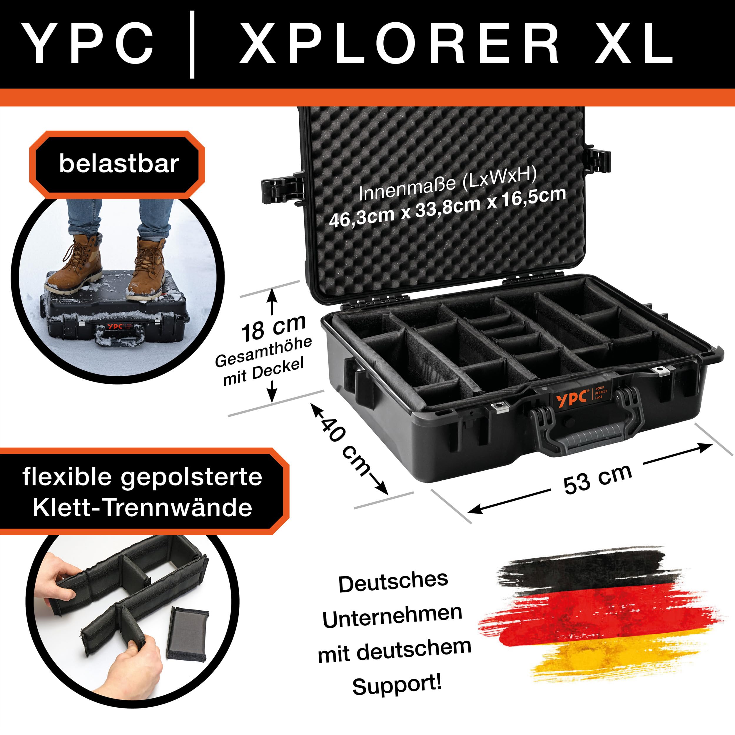 YPC Xplorer Case XL – 53cm x 40cm x 18cm Outdoor Case, Fotokoffer gepolstert wasserdicht, Kamera Koffer Hardcase, Transportkoffer für Drohne, stapelbar