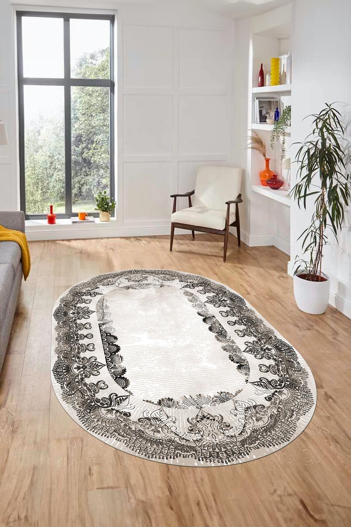 Evdeya Baskılı Kaymaz Yıkanabilir Renkli Klasik Desen Oval Yolluk Salon Halısı O-KLASİK-08, Vizon, 40 x 60
