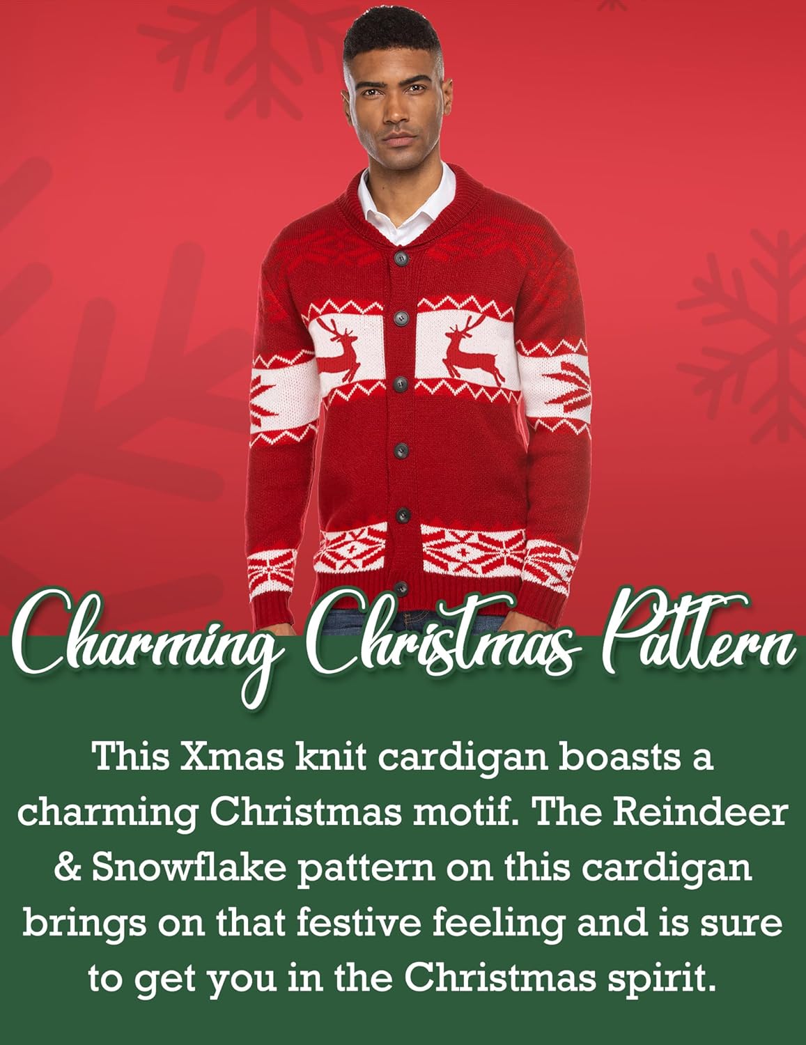 COOFANDY Men's Christmas Cardigans Ugly Xmas Sweaters Reindeer Snowflake Shawl Collar Knitted Cardigan Sweater - Image 4