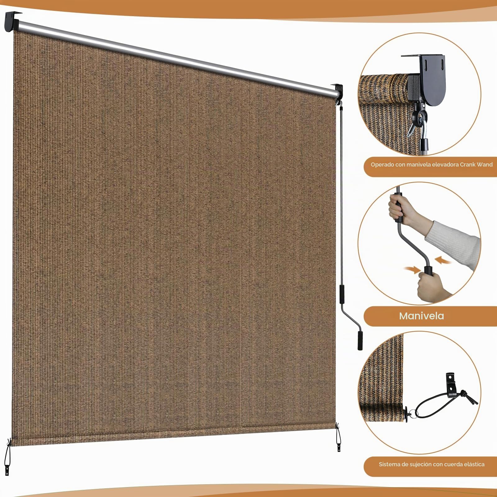 LIFERUN Toldo vertical de 180 x 180 cm, toldo vertical, HDPE para pérgola de terraza, toldo de balcón, tubo de aluminio con manivela inalámbrica, para balcón, terraza, jardín, marrón, 1 unidad