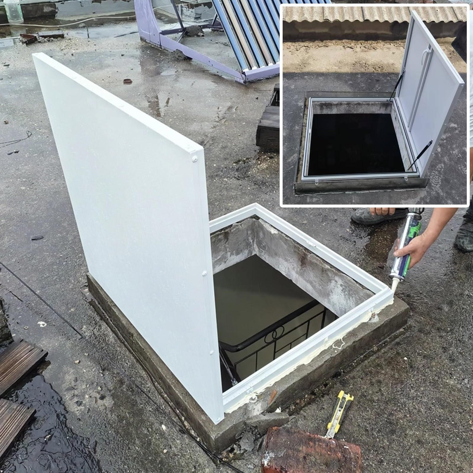 Claraboya Techo de Aluminio, Tragaluz de Techo con Manija de Bloqueo, Puerta Antirrobo de Acero, Claraboya Cubierta con Tapa de Acceso de Emergencia, Tapa de Pozo(White,60x60cm/24x24in)