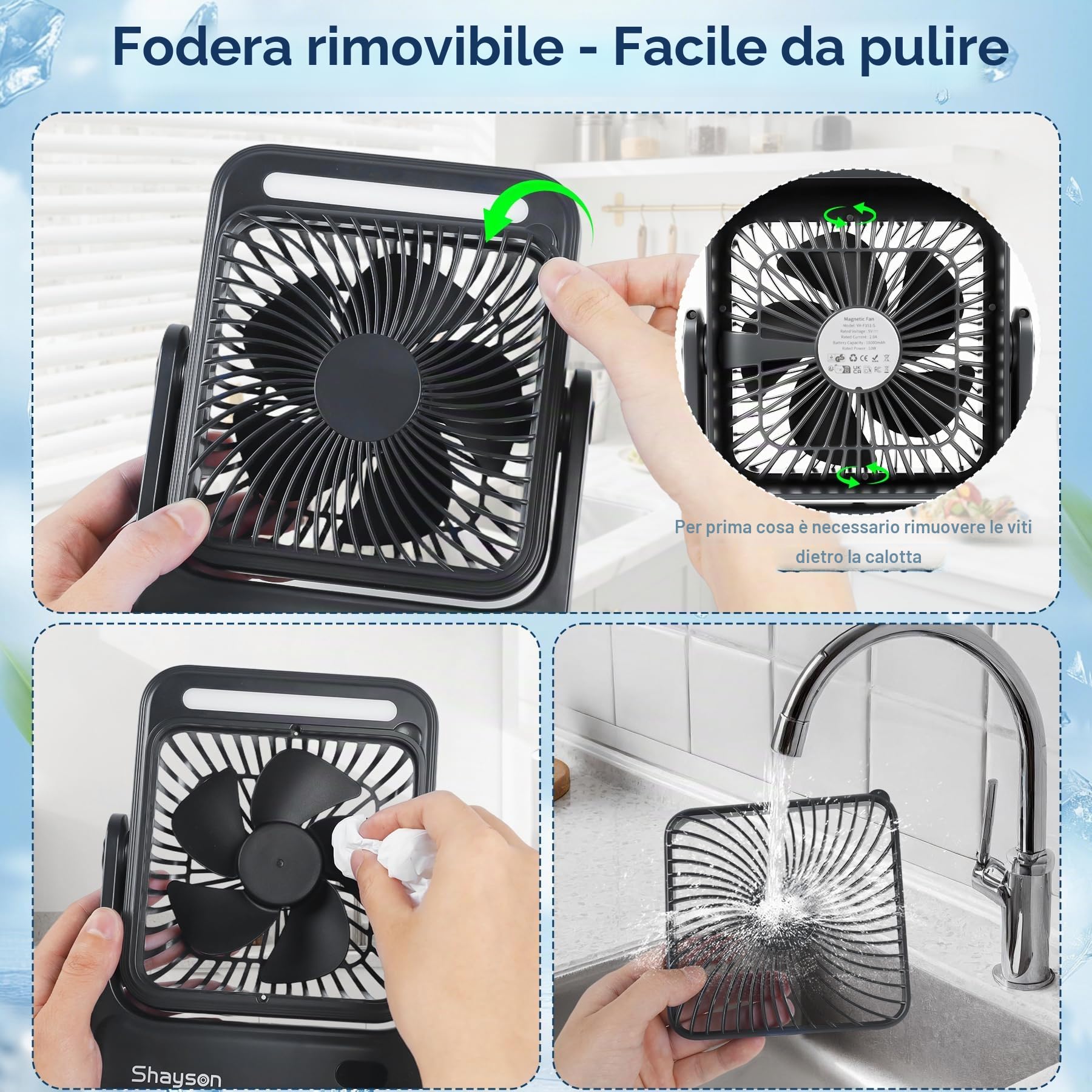 USB Ventilatore Portatile 10000mAh,Luce LED,7-27 ore di Funzionamento | Ventilatore da campeggio ad alto flusso d'aria e funzionamento silenzioso con ventosa per casa e ufficio