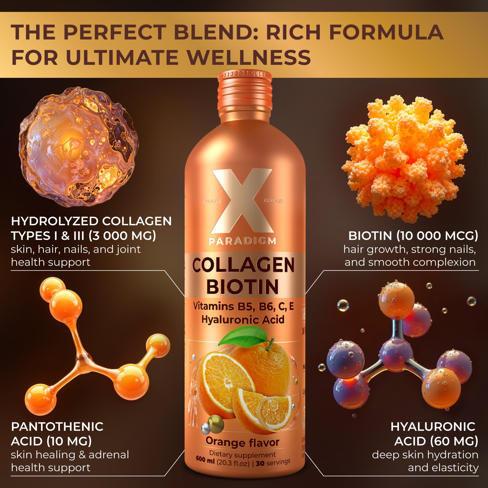 Liquid Collagen Peptides with Biotin & Hyaluronic Acid, 600ml, Orange — Amazon image 2