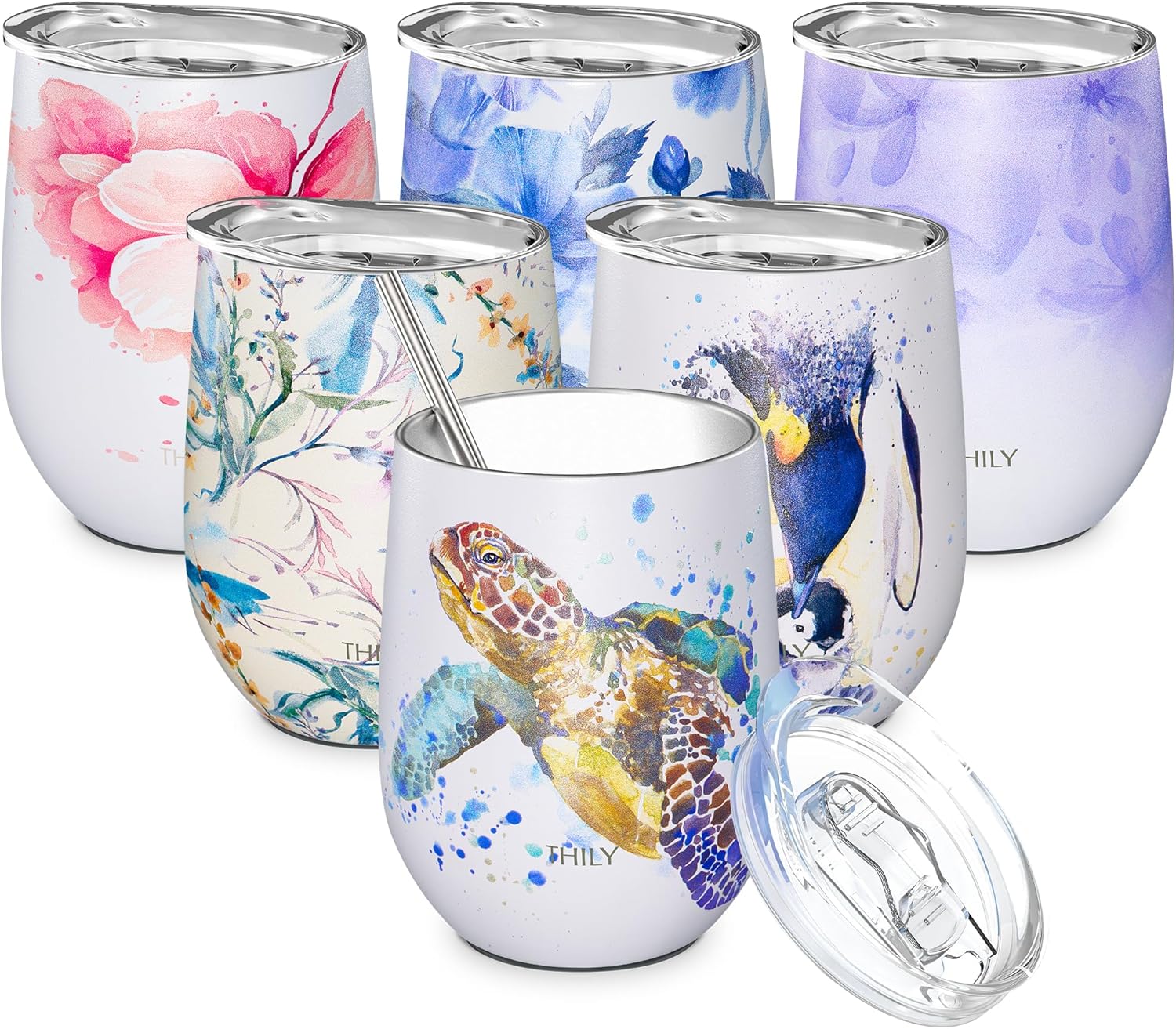 THILY Wine Tumbler Stainless Steel Insulated Stemless Wine Glass with Lid and Straw, Cute Travel Cup Keep Cold for Coffee, Cocktails, Special Collection, Sea Turtle