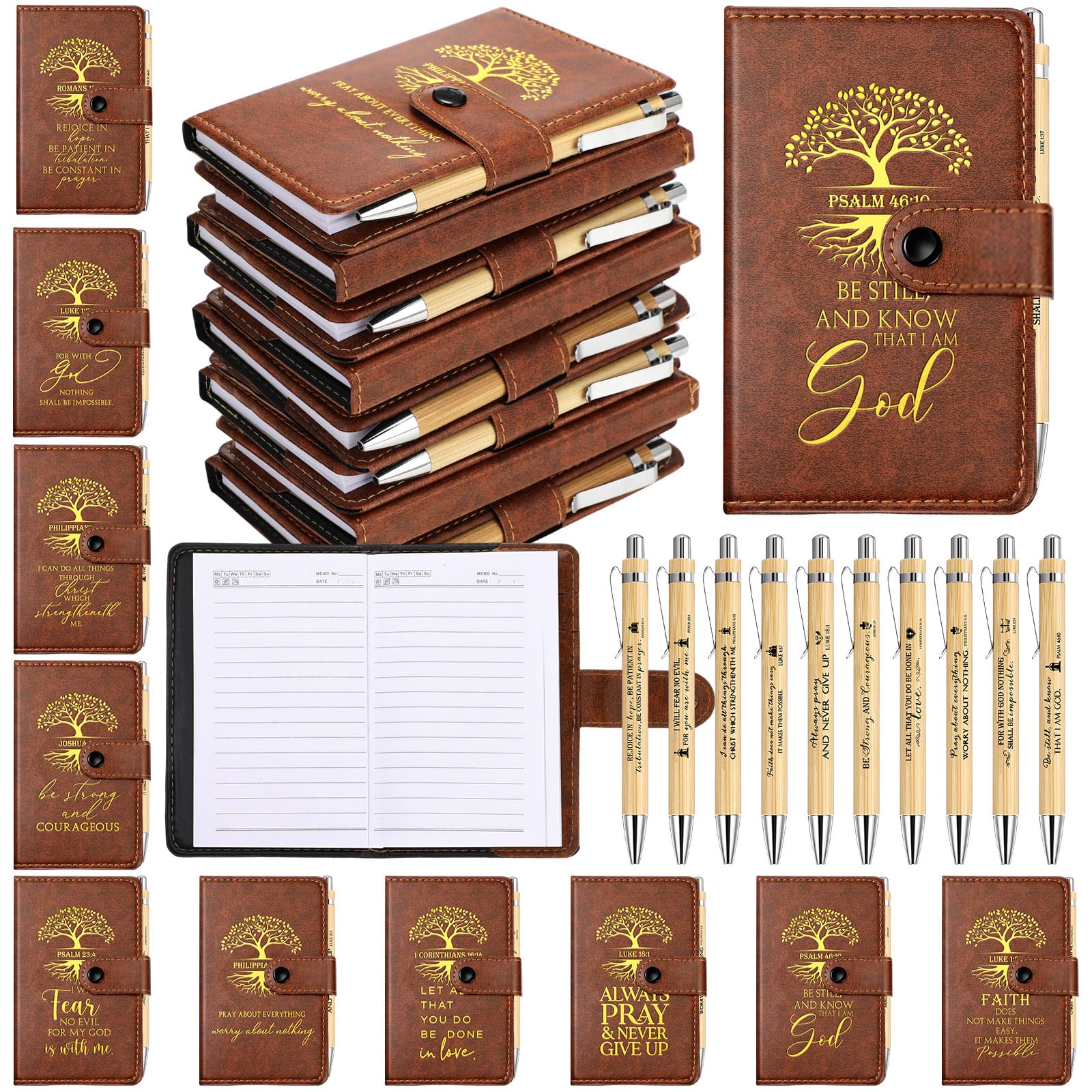 Spakon 40 Pcs Inspirational Christian Gift Bulk Leather Prayer Journal Religious Notebook with Bible Verse Pens for Women Men Church Teacher