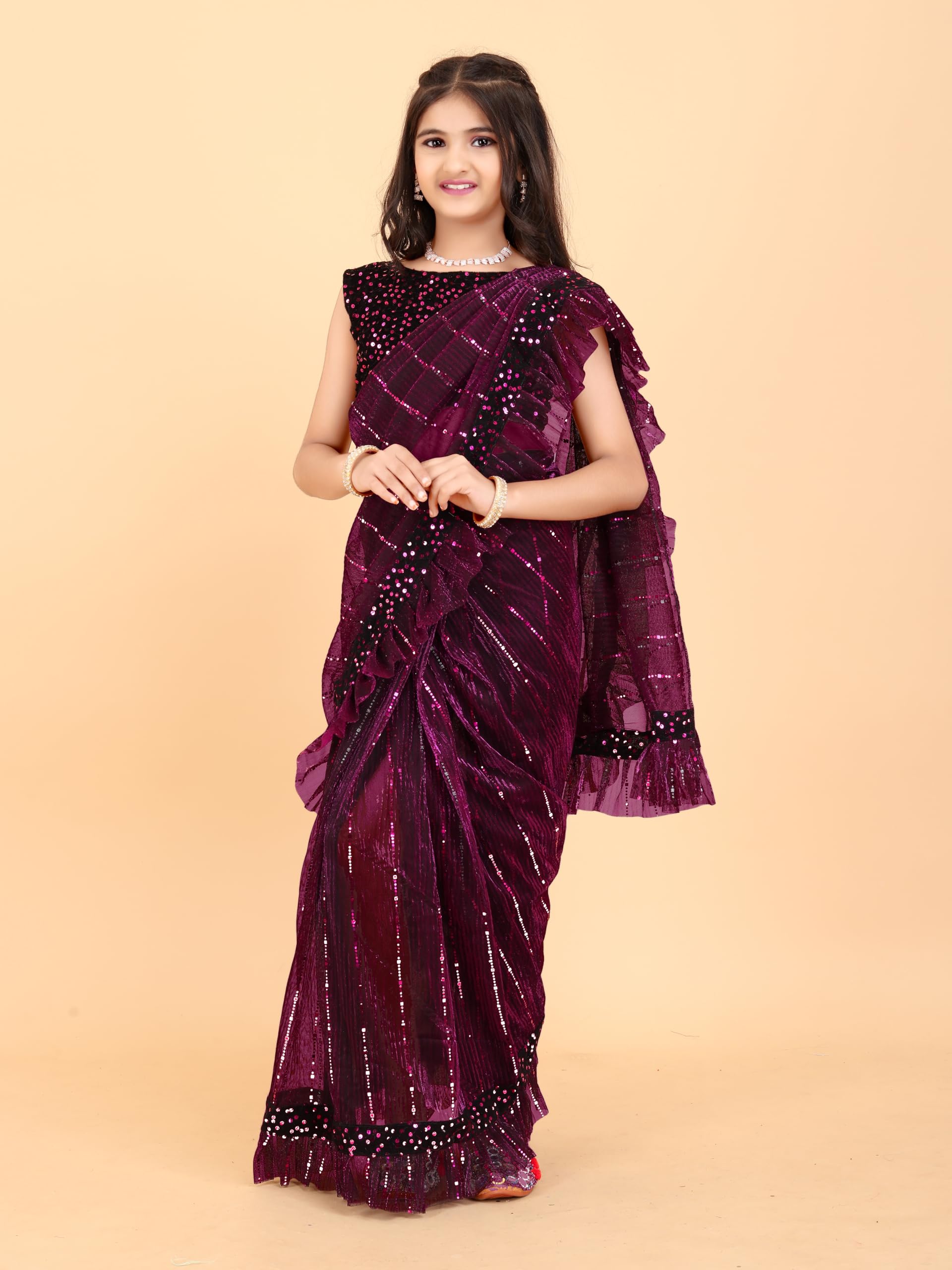 SHRITHI FASHION FAB Kid's Lycra Blend Net Embellished Pattern Ready To Wear Saree with Unstitched Blouse Piece and Plain Weave Type