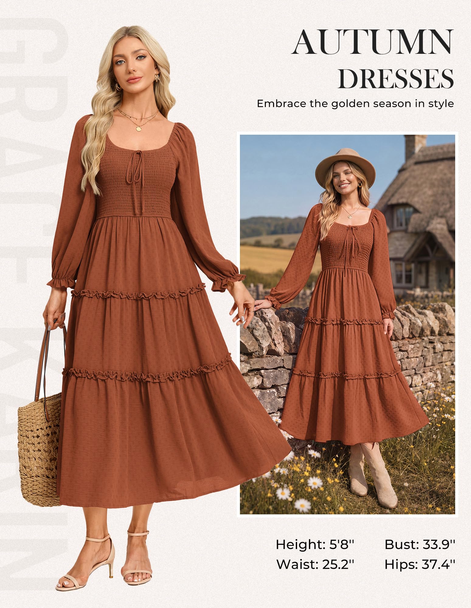 GRACE KARIN Robe longue à manches longues pour femme - Coupe trapèze - Pour l'automne