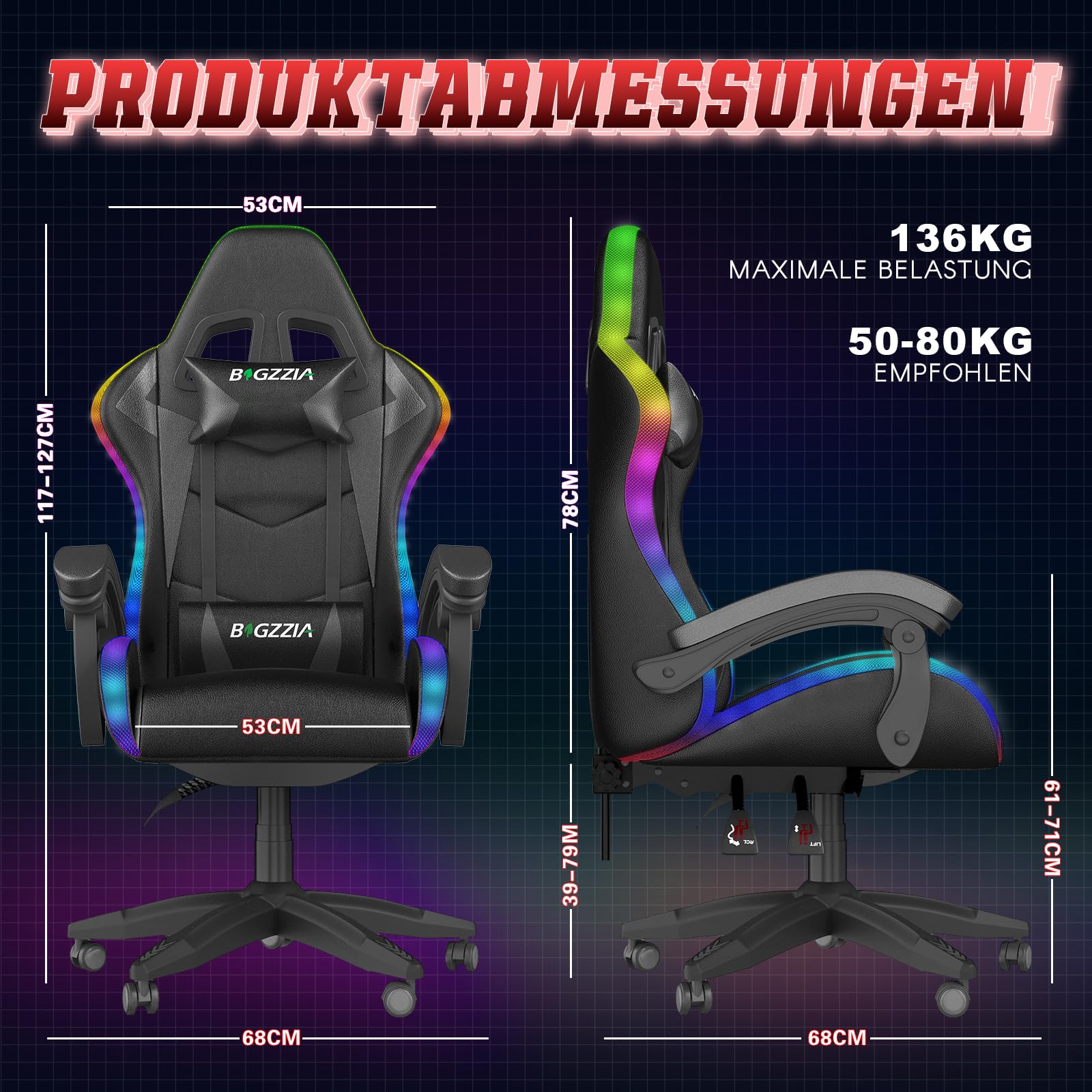 Racingreat Gaming-Stuhl LED mit Schillernde Lichtleiste, PC Gaming Stuhl mit Polsterung und Kopfstütze, Verstellbarer Höhe und Taillenwinkel, Gamer-Sessel Für Erwachsene, Mädchen, Jungen (Schwarz)