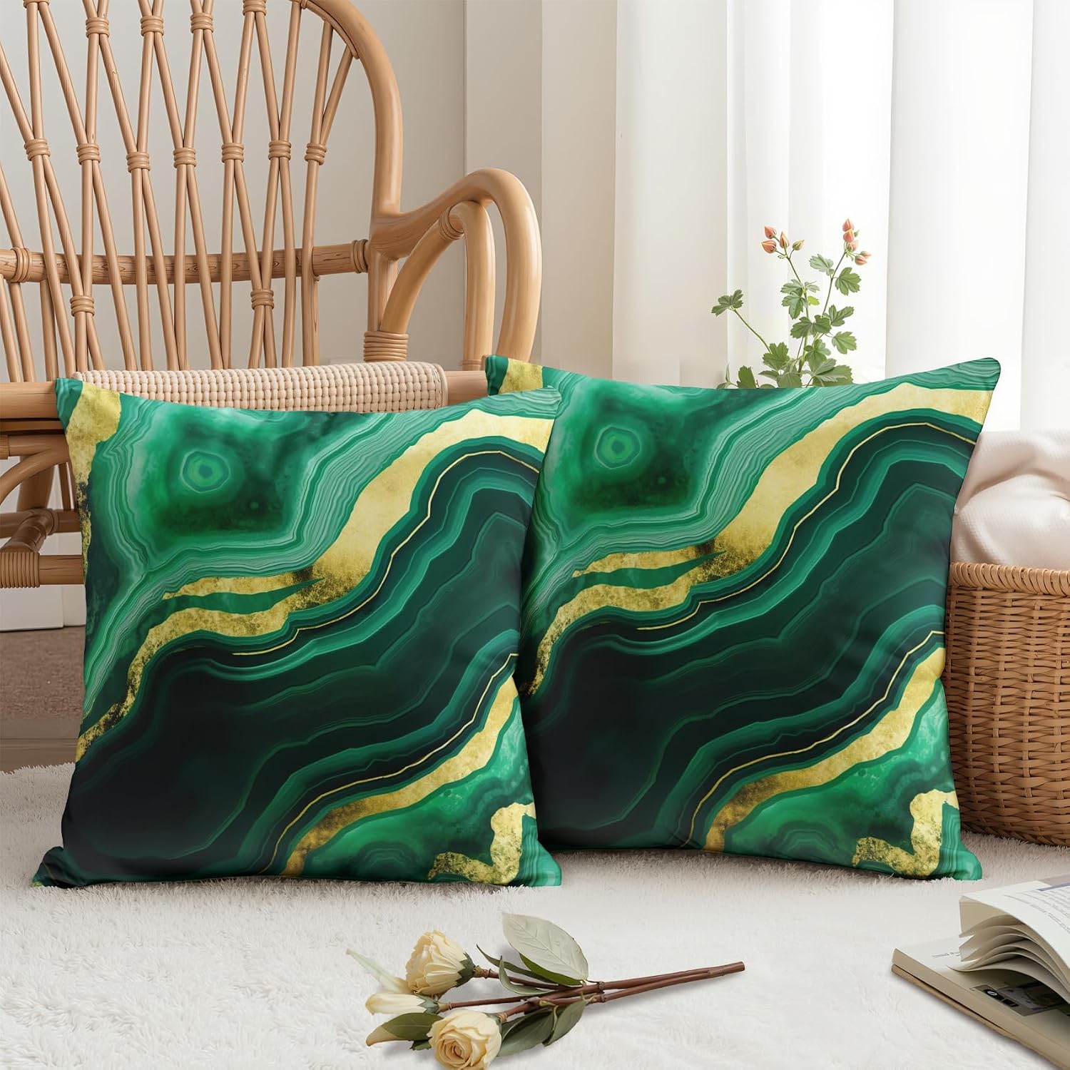 Marble Throw Pillow Covers 18x18 - Emerald Green Gold Abstract Modern Pillow Cases Set of 2 Double Sided Print, Soft Sofa Pillowcases for Living Room Decor #M032