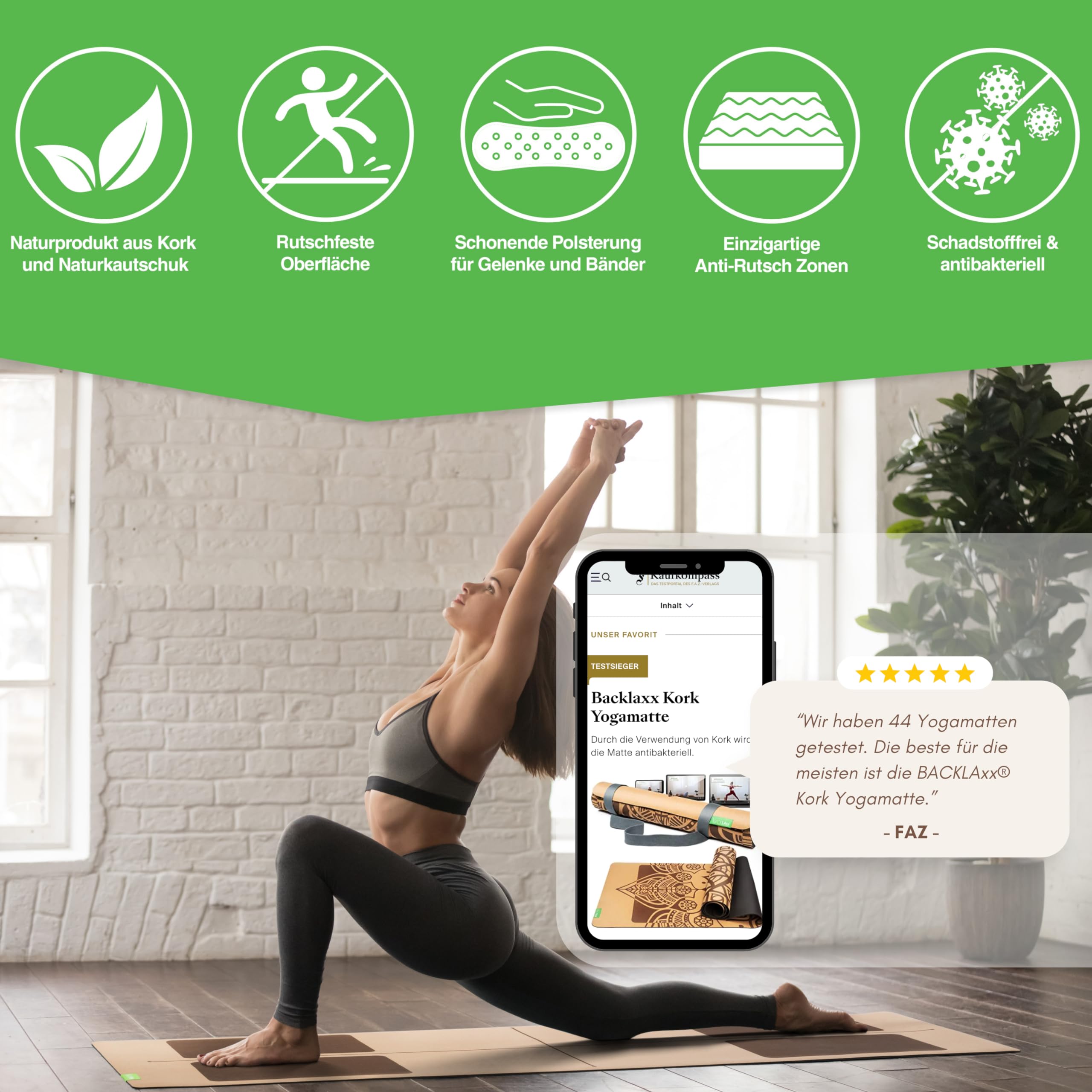 BACKLAXX® Yogamatte Kork mit Naturkautschuk | FAZ Testsieger 07/2026 | Yoga Matte Kork nachhaltig | schadstofffrei | Yogamatte Kautschuk | Fitnessmatte mit Anti-Rutsch-Zonen | inkl. Tragegurt