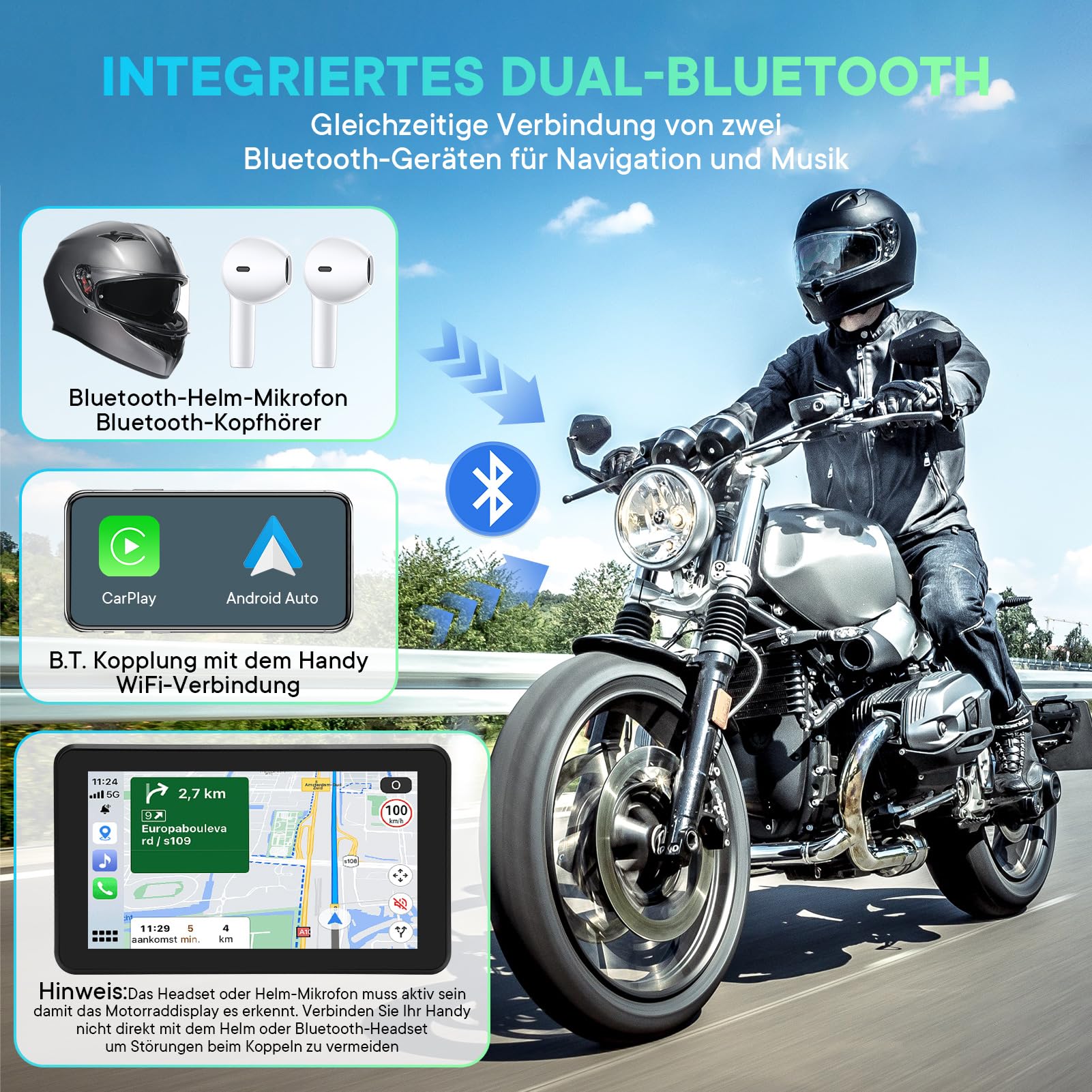 5" Motorrad CarPlay Navi mit Dashcam, Motorrad-Display IPX8 Wasserdichtes, Wireless CarPlay & Android Auto, 2K Kamera, Dual-Bluetooth, Touchscreen, 9V–24V Spannung,TF-Kartenunterstützung