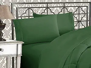 Elegant Comfort Luxurious 1500 Premium Hotel Quality Microfiber Three Line Embroidered Softest 4-Piece Bed Sheet Set, Wrinkle and Fade Resistant, California King, Hunter Green