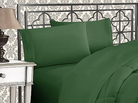 Elegant Comfort Luxurious 1500 Premium Hotel Quality Microfiber Three Line Embroidered Softest 4-Piece Bed Sheet Set, Wrinkle and Fade Resistant, California King, Hunter Green