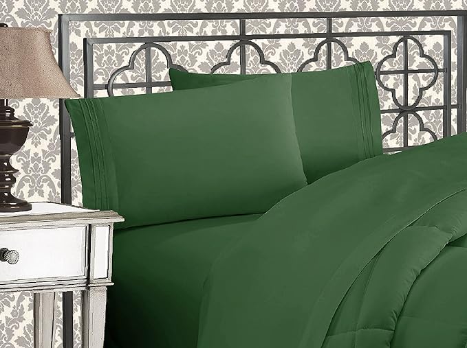 Elegant Comfort Luxurious 1500 Premium Hotel Quality Microfiber Three Line Embroidered Softest 4-Piece Bed Sheet Set, Wrinkle and Fade Resistant, California King, Hunter Green