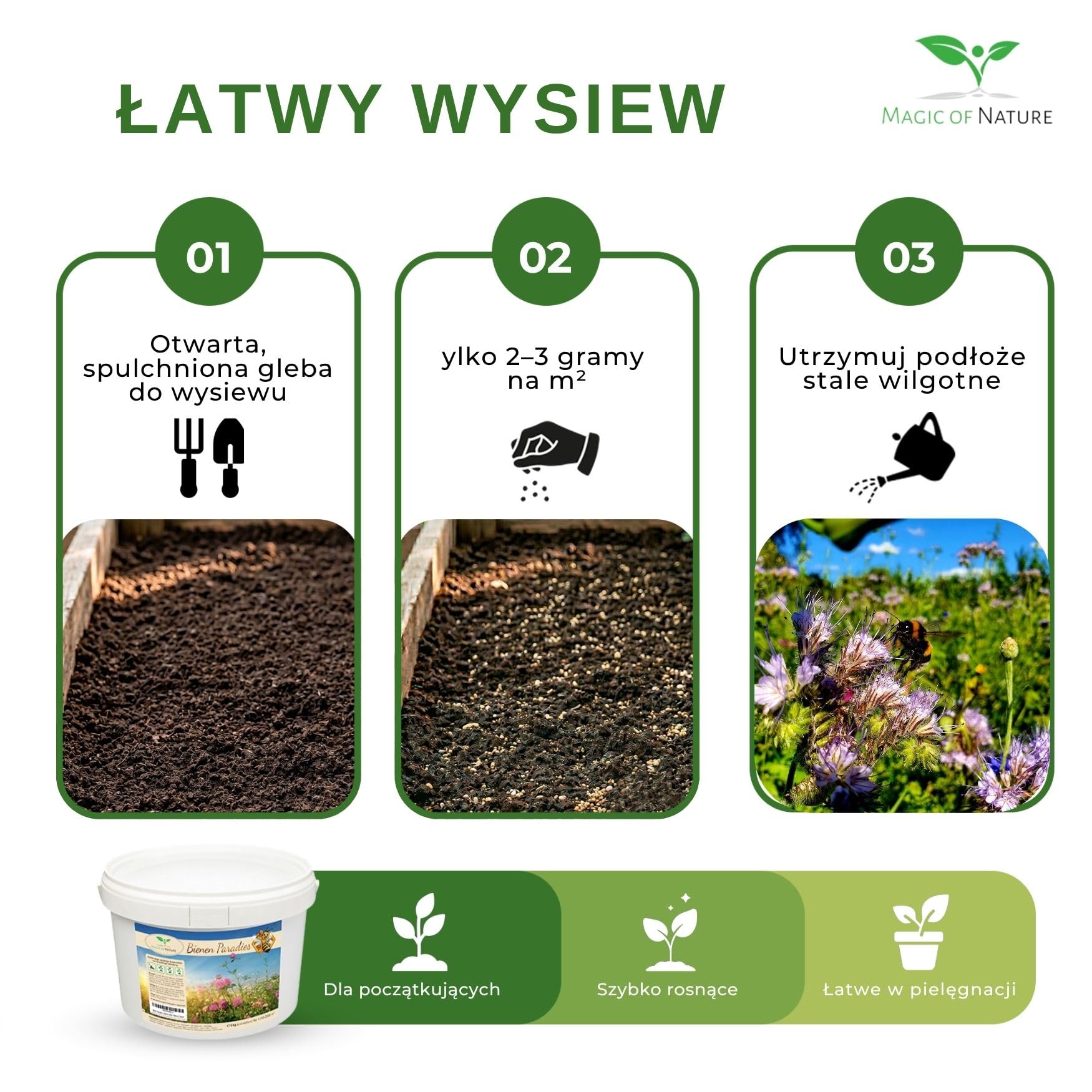Magic of Nature 2,5kg Mieszanka Nasion Kwiatów - Raj dla Pszczół - Łąka Kwietna Miododajna - Ponad 20 Odmian na Powierzchnię 750-1250 m²