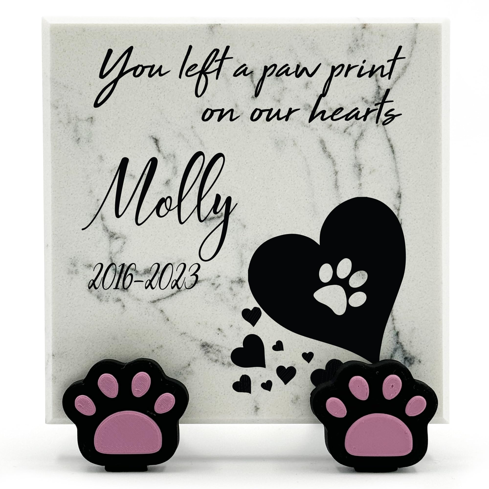 TULLUN Personalised Memorial White Marble Stone Plaque With Paw Dispaly Stand For Pet Cat Dog Grave Marker - Size |4" x 4" or 10 x 10 cm|- Black Heart