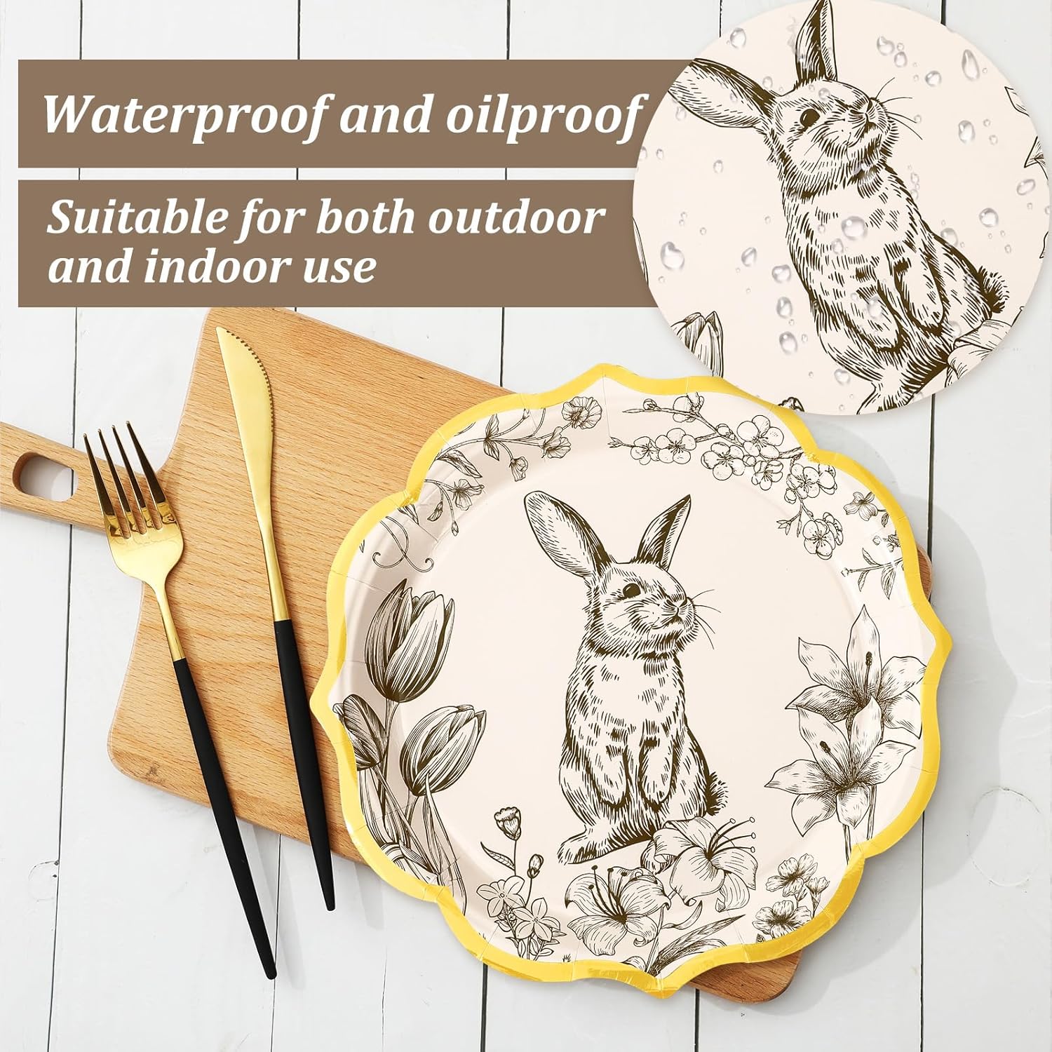 JarThenaAMCS 30Pcs Easter Paper Plate Scalloped Gold Foil Bunny Floral Disposable Plate Vintage Rabbit Dinnerware Plate for Spring Baby Shower Birthday Party Table Decor Supplies 9 In - Image 3