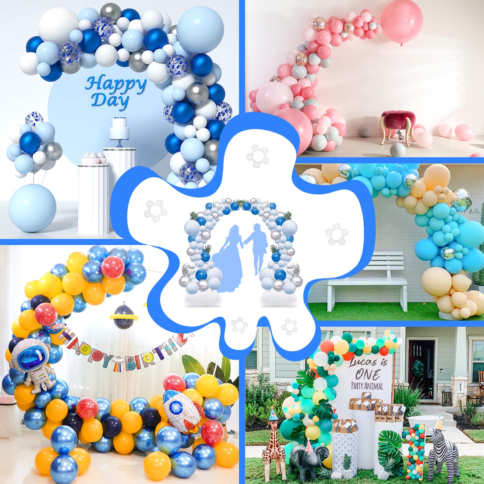 PlusFive, set di supporto per palloncini, altezza 2.5 m e larghezza 3.5 m, con base riempibile d'acqua, 50 pezzi clip per palloncini, per decorazioni per matrimoni, feste di compleanno