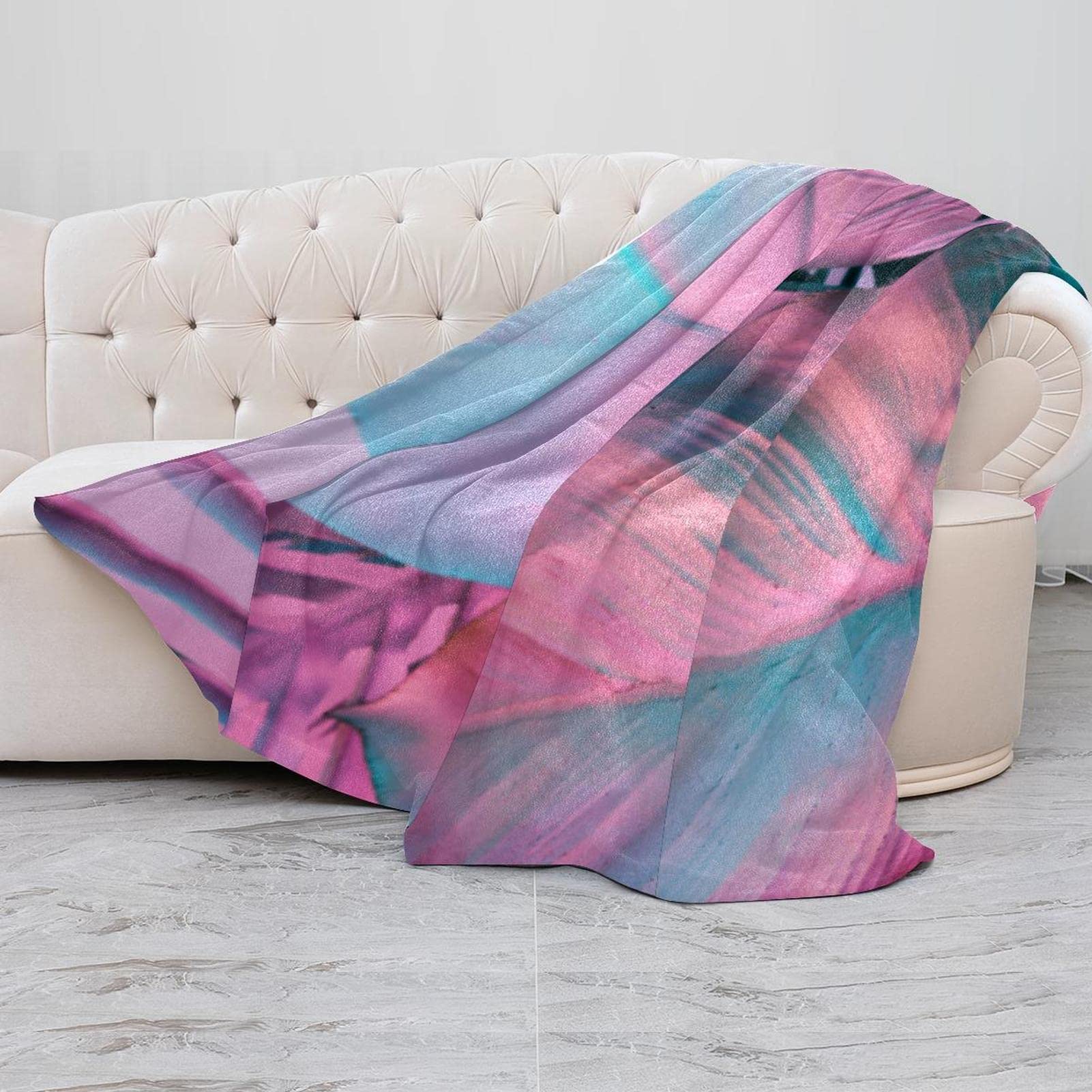 Manta de forro polar, súper suave, lujosa manta de ropa de cama tropical, color azul y rosa