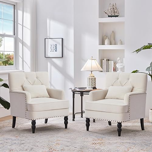 Miniatura 23 de HUIMO Silla de club copetuda, silla decorativa con almohada lumbar, sillón con botones de tela de lino, sillas tapizadas para dormitorio, sala de