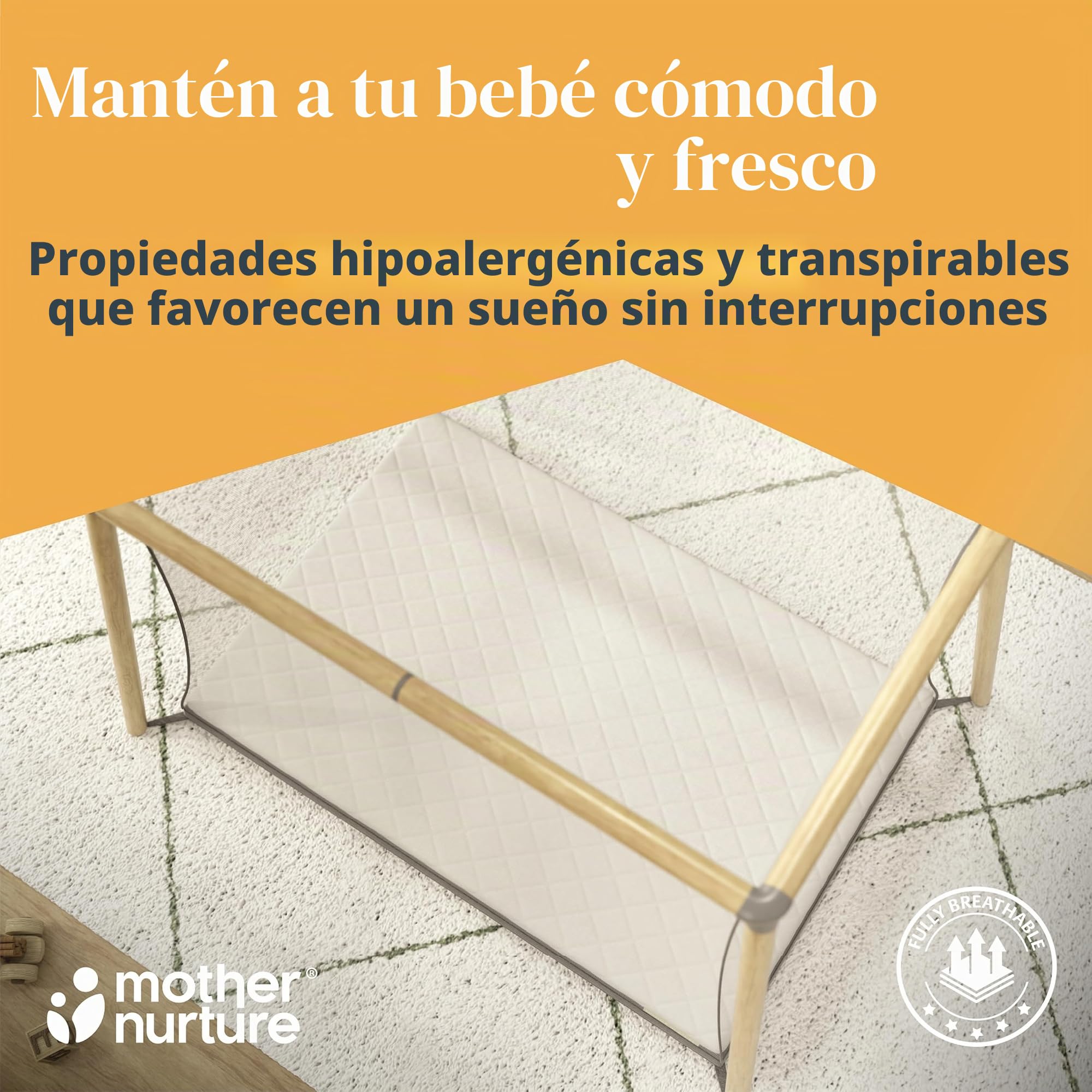 Mother Nurture Colchón clásico de Espuma para Cuna de Viaje (90 x 50 cm x 7 cm), hipoalergénico, Transpirable, para Dormir cómodamente Durante la Noche, Funda Reversible y extraíble, Probado BSI, se