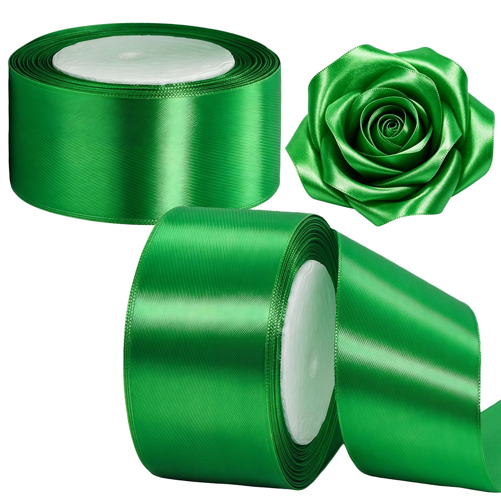 2 Rolls 50mm Green Wide Satin Ribbon for Gift Wrapping, 22m per Roll, 44m Fabric Ribbon for Presents, Crafts, Bows, Bouquets, Wedding and Party Decoration