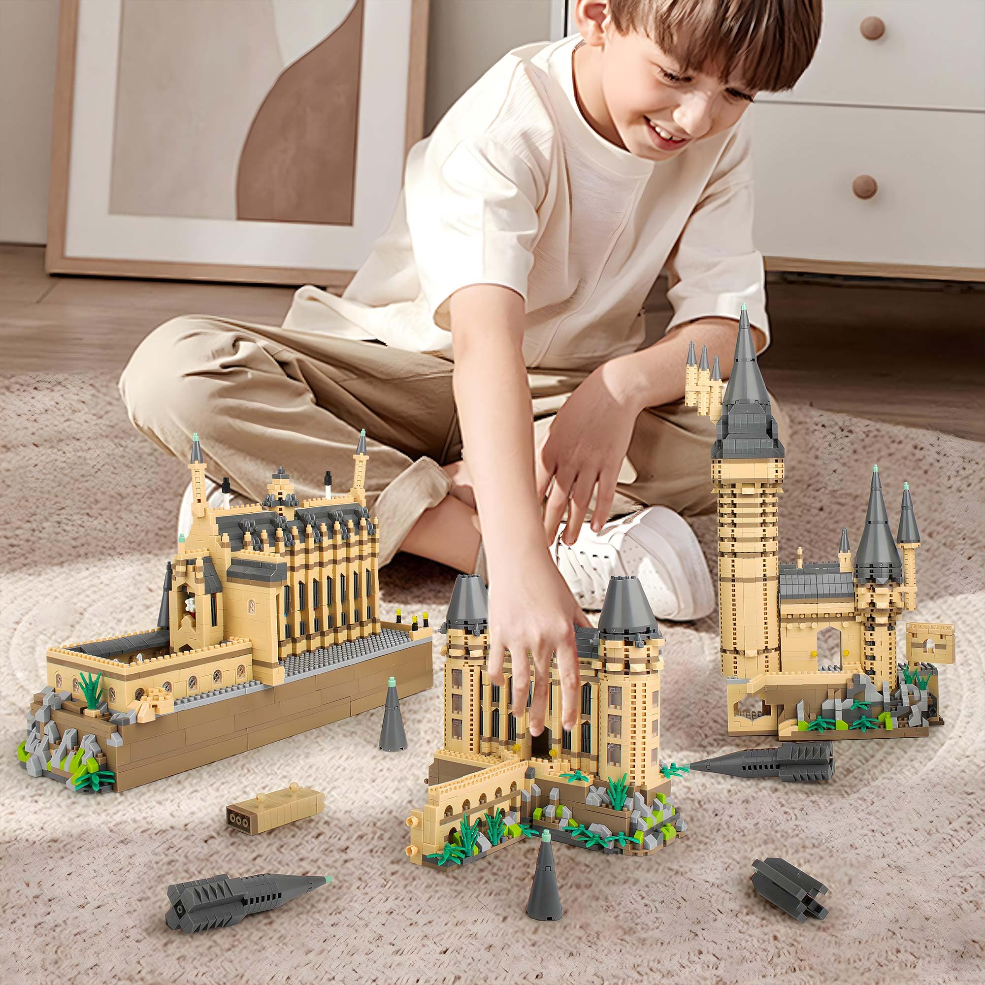 Magic Harry Castle Diamantsteine-Bauset mit Beleuchtung, mittelalterliches modulares Burgblock-Set für Erwachsene, Jugendliche ab 14 Jahren, Nicht kompatibel mit Lgo- 5436 Teile