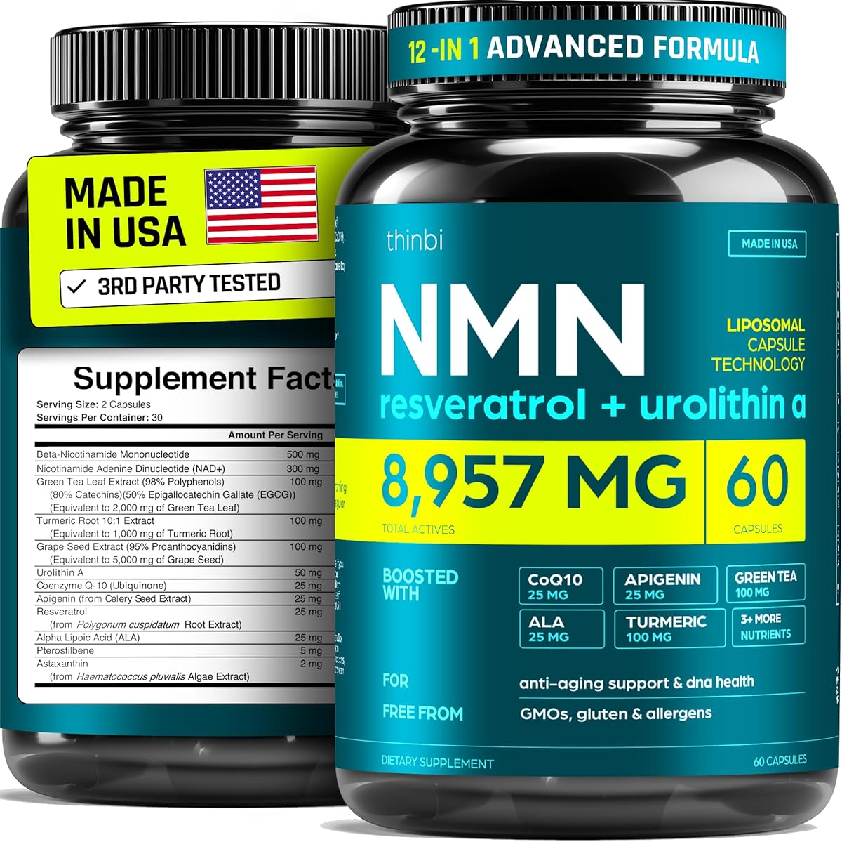 NMN Supplement 8957mg with Real NAD+ Not Just a Booster | Urolithin A, Resveratrol, CoQ10, Alpha Lipoic Acid, Green Tea Extract | Cellular Longevity & Energy Support for Men & Women