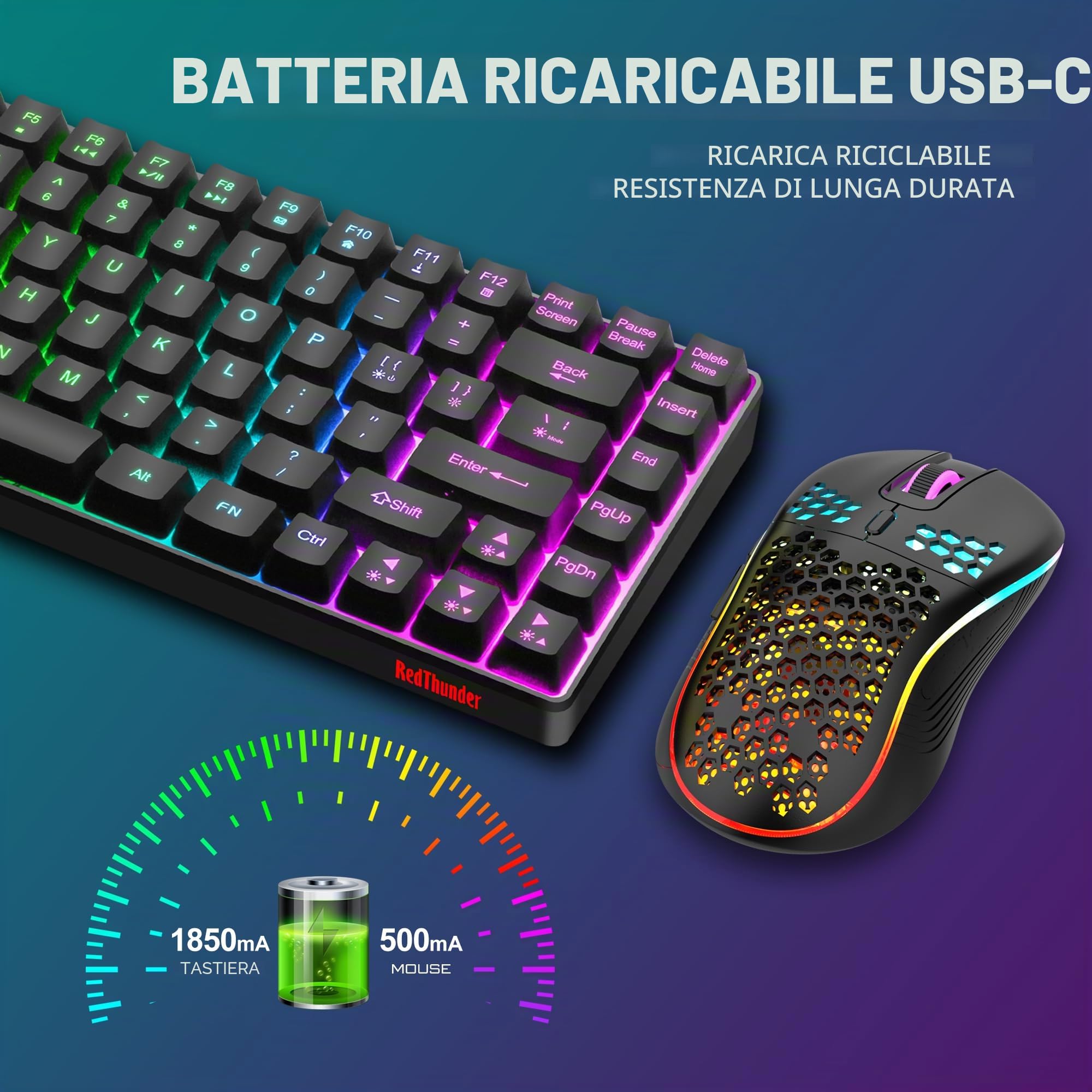 RedThunder K84 Tastiera e mouse da gioco wireless al 75% con retroilluminazione arcobaleno layout UK 85 tasti TKL ultra compatto mini design leggero mouse da gioco a nido d'ape per PC Mac PS5 Xbox