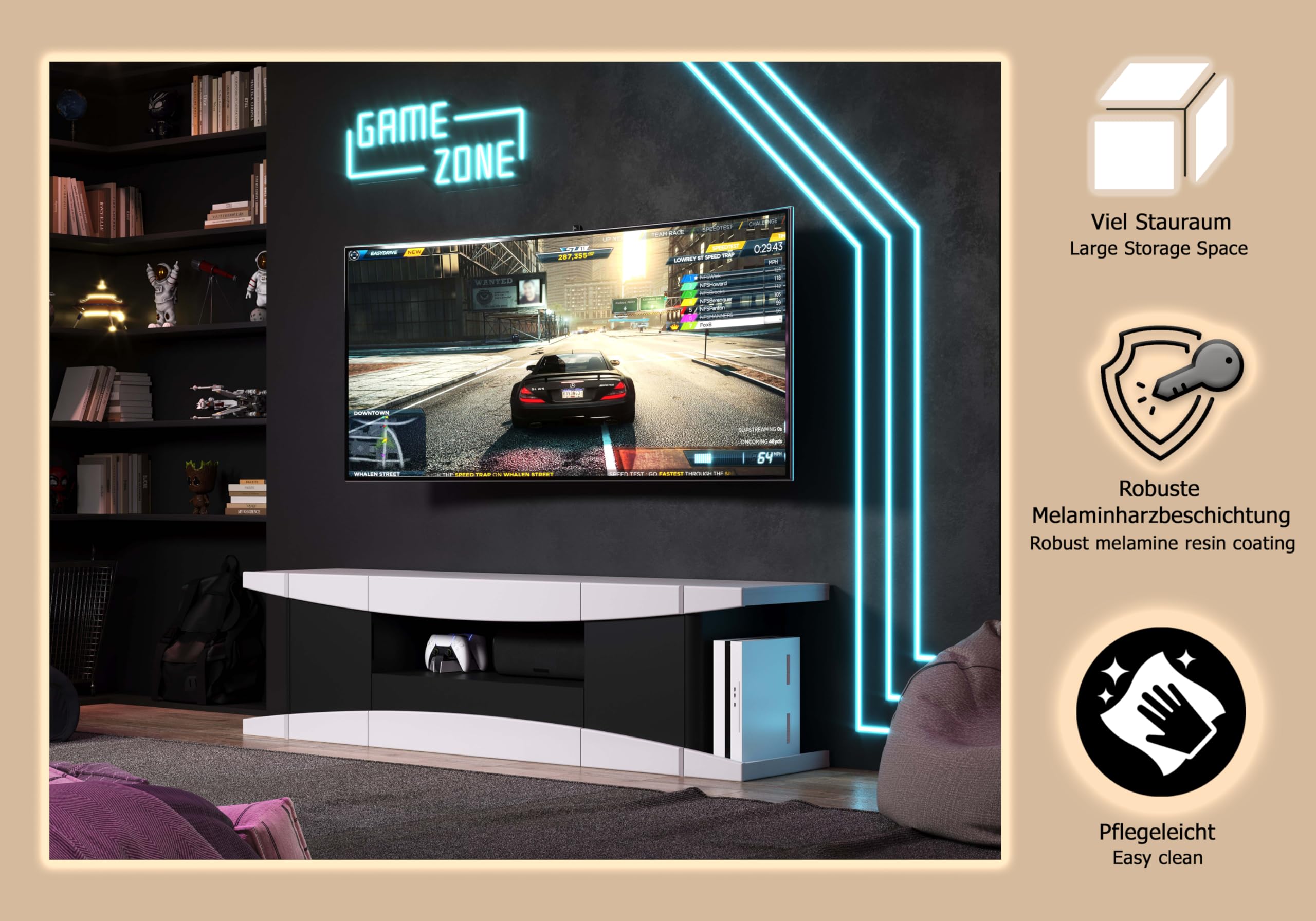 TV-Lowboard LevelUp Außen Weiß & Schwarz Matt Lack · B 180 x H 52 cm